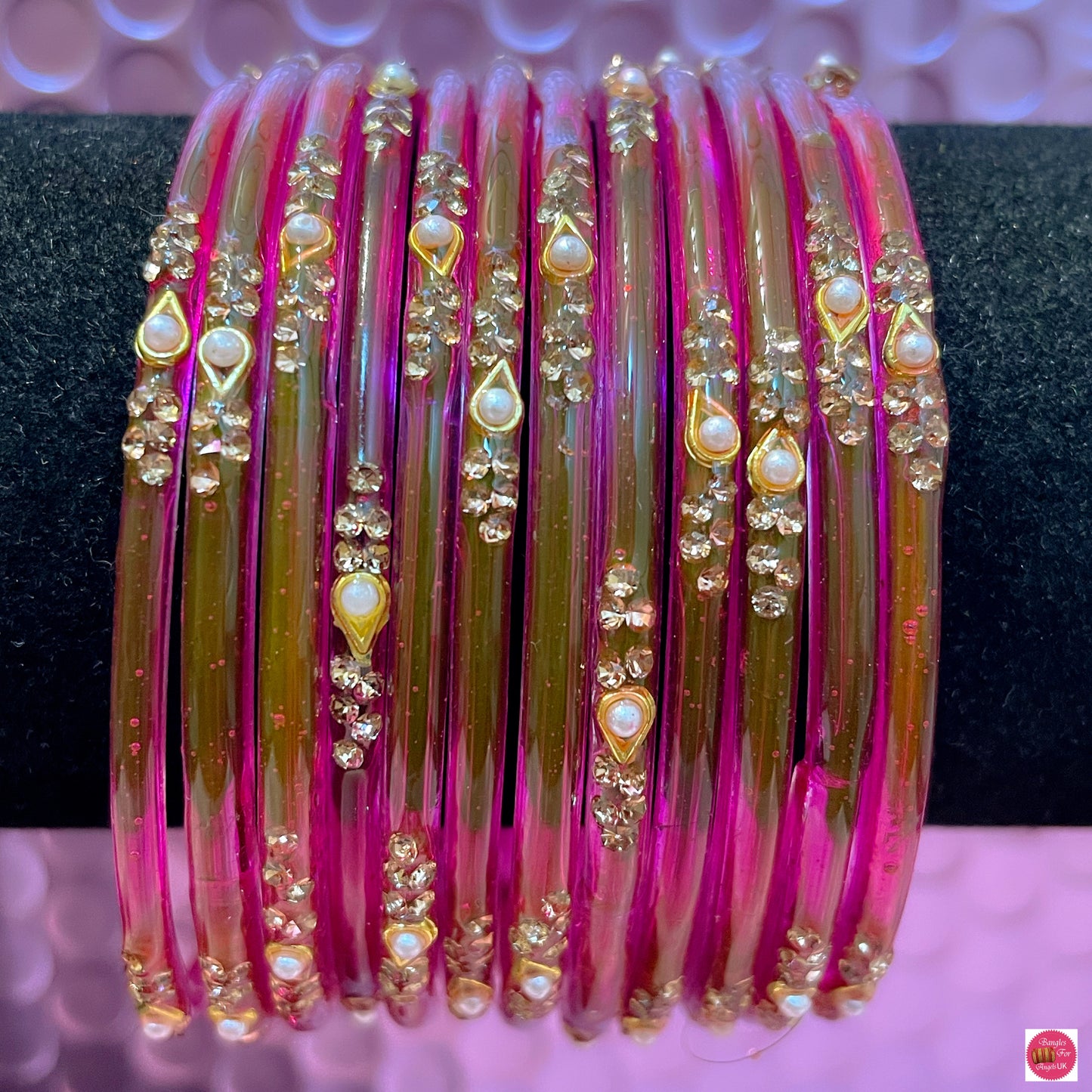 Hot Pink Pearl Glass Bangles- Size 2.6