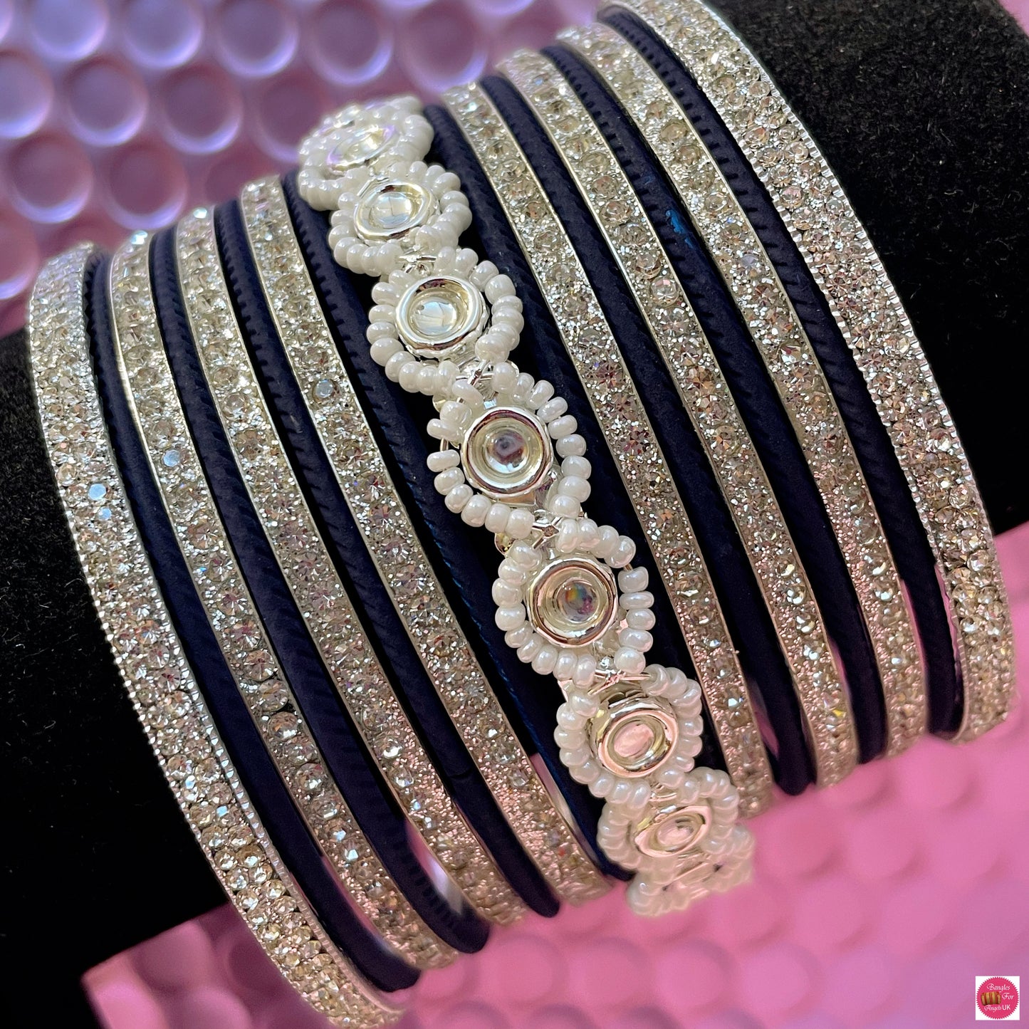 Silver Pearl Metal Bangles Set- Navy Blue