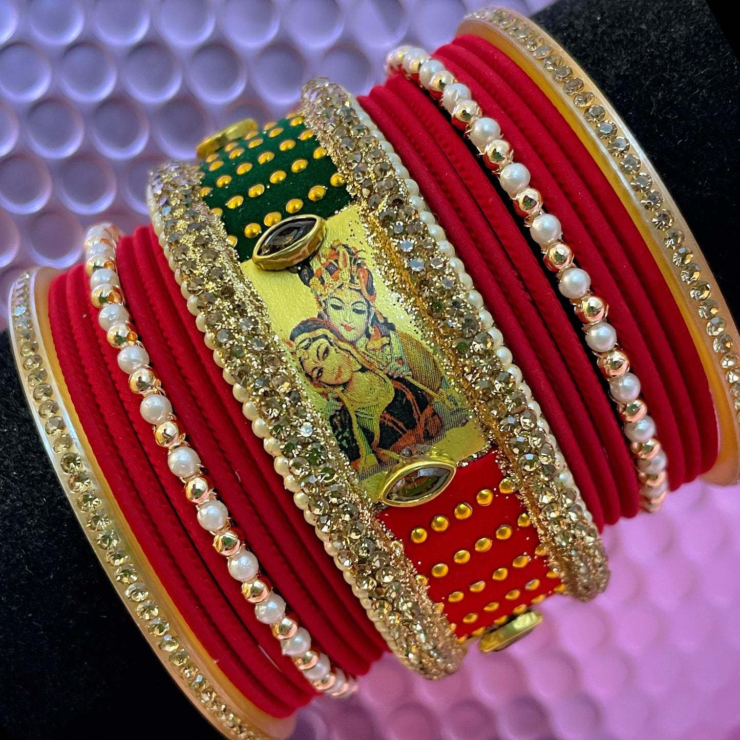 Radha Krishna Glass Pearl Metal Bangles Sets- Various Colours