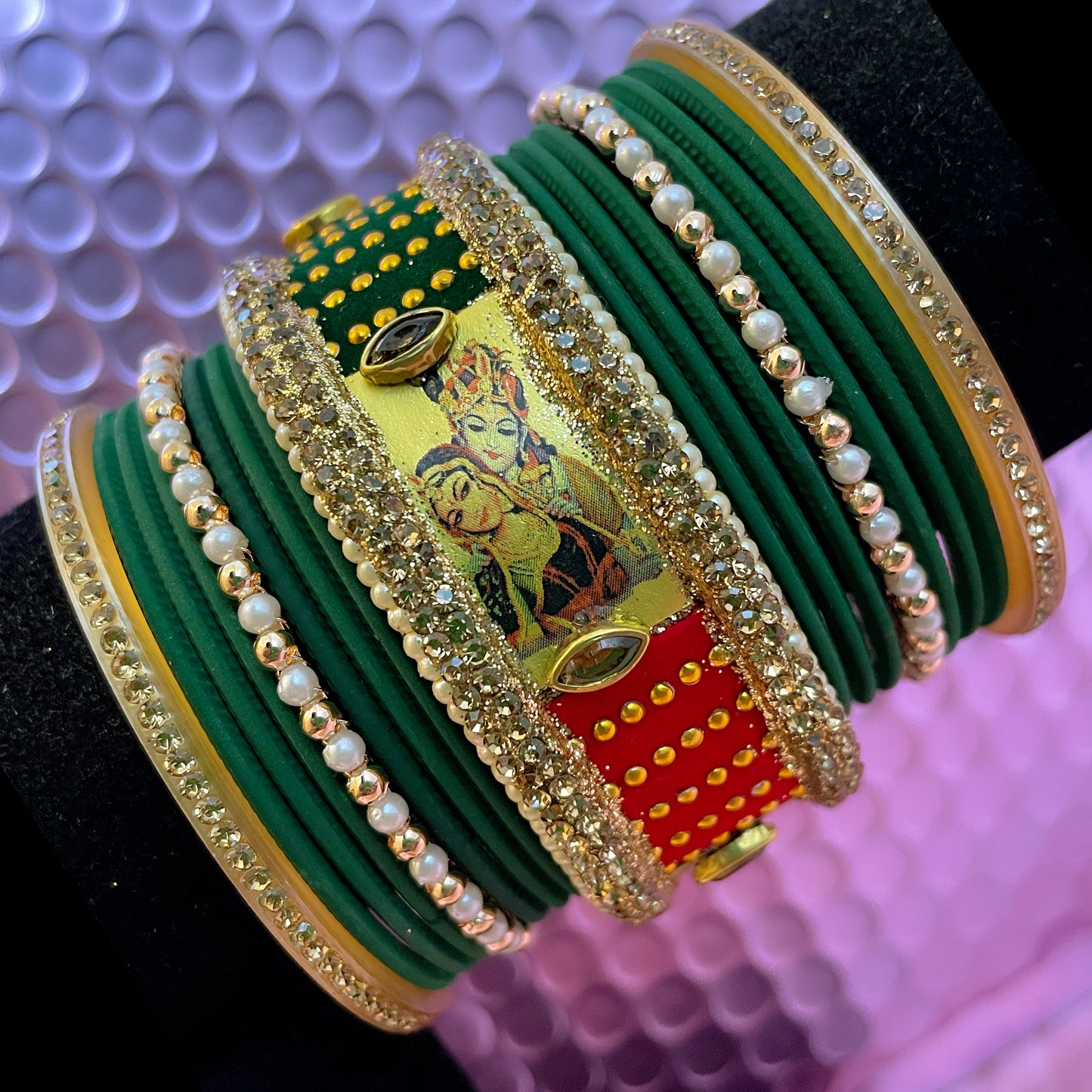 Radha Krishna Glass Pearl Metal Bangles Sets- Various Colours