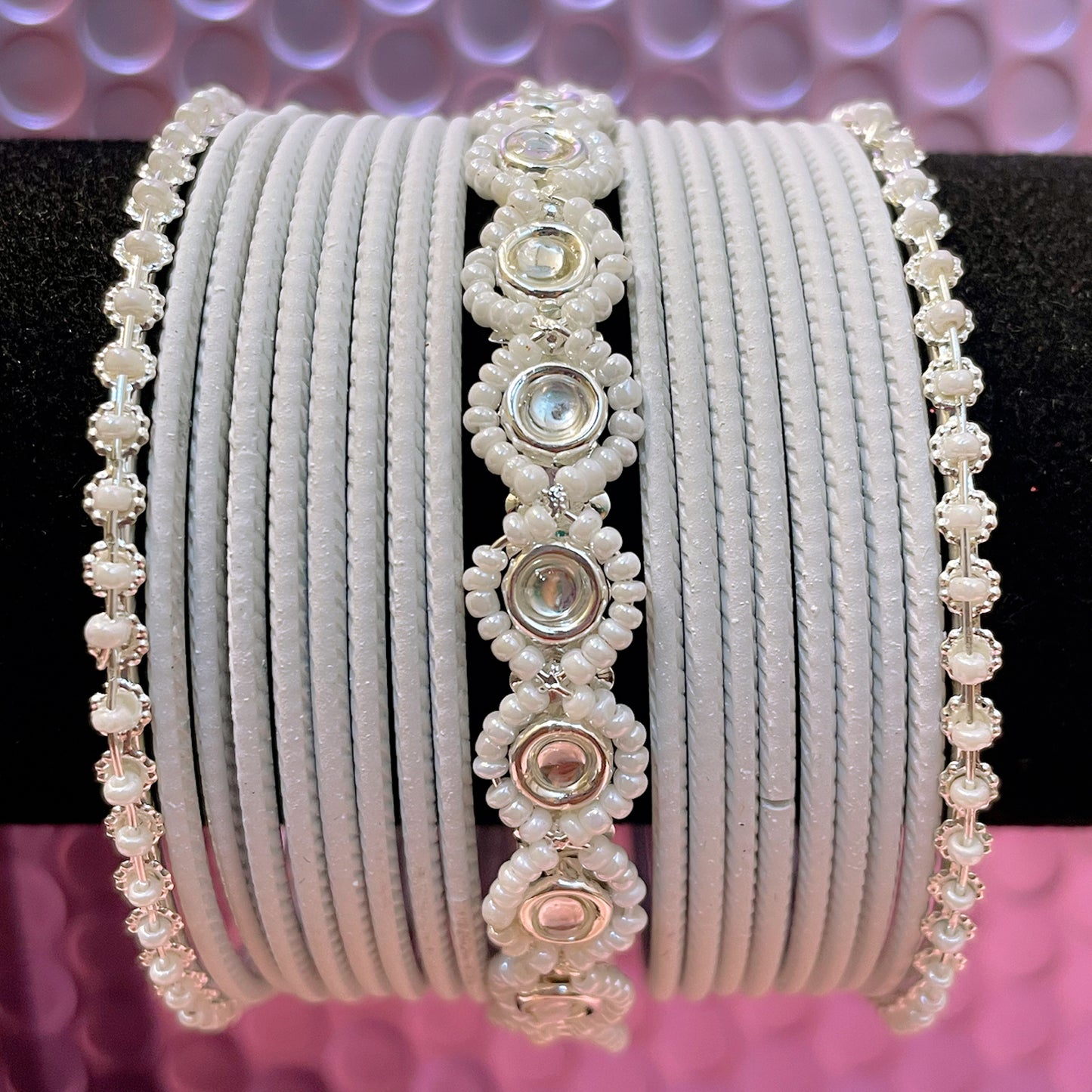 Silver Pearl Metal Bangles Sets- Various Colours