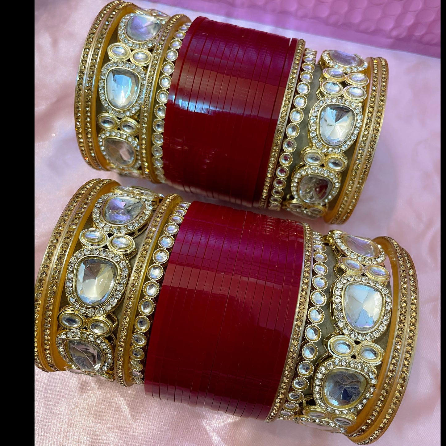 Kundan Mirror Punjabi Bridal Chura Bangles Set- Cherry Red/Maroon