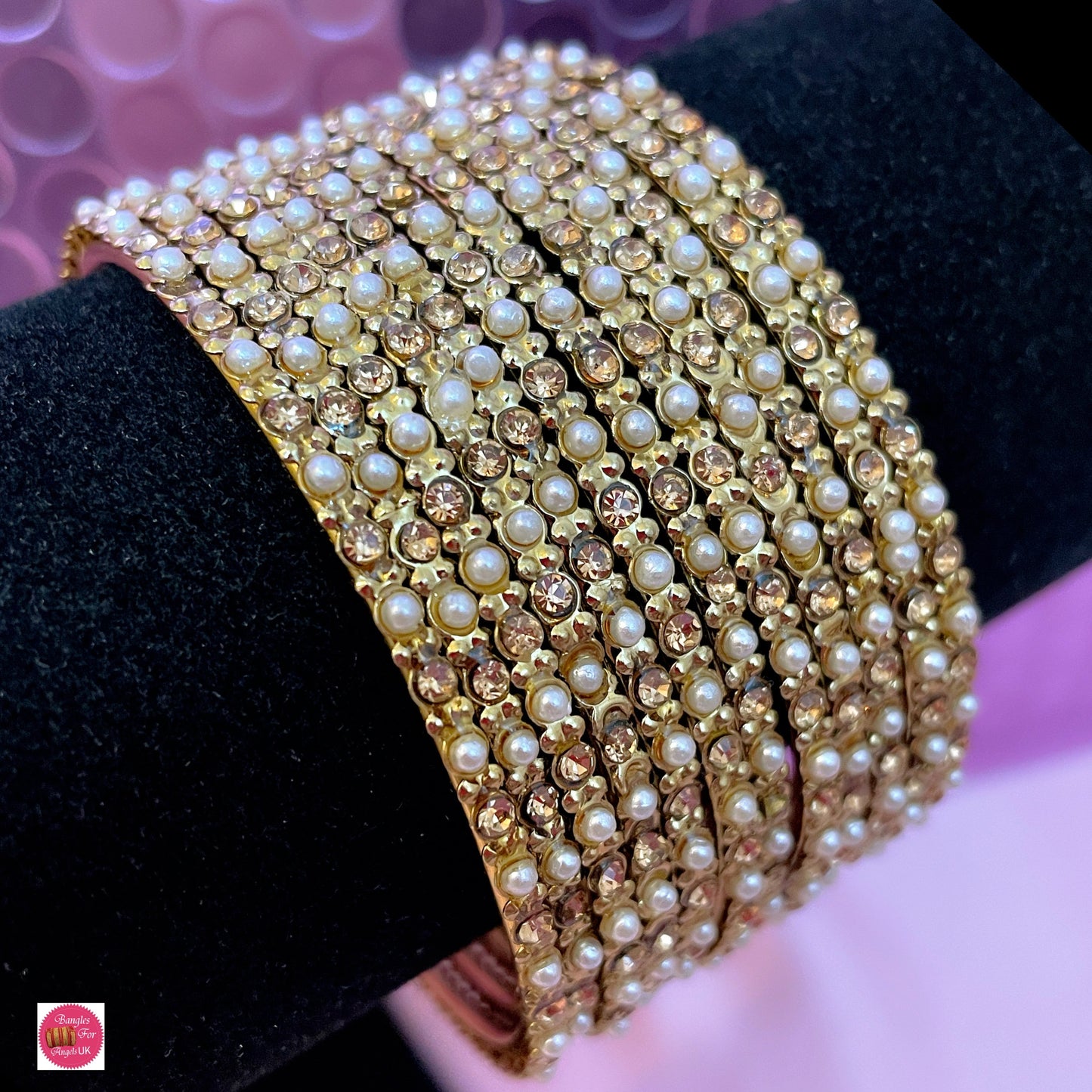 Pearl Stone Metal Bangles Set- Size 2.10