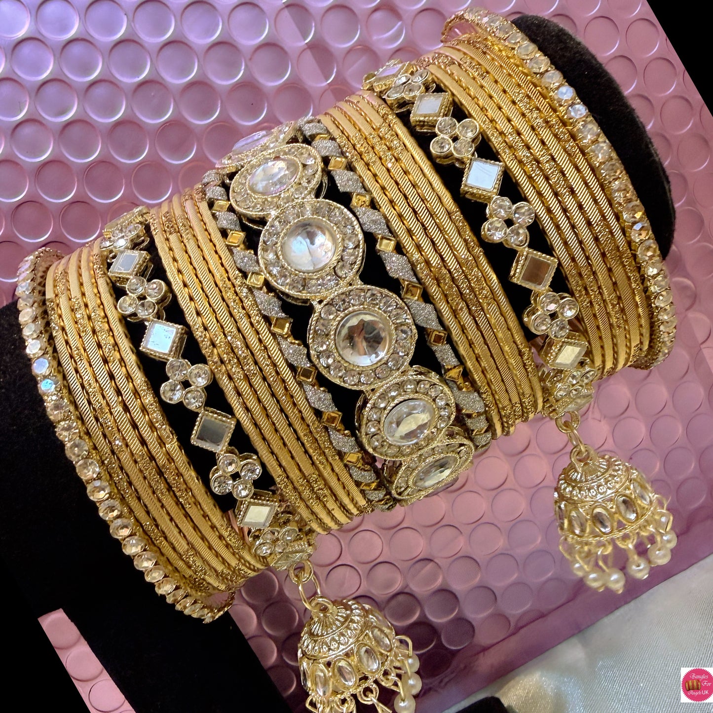 Kundan Mirror Hanging Gold Metal Bangles Set