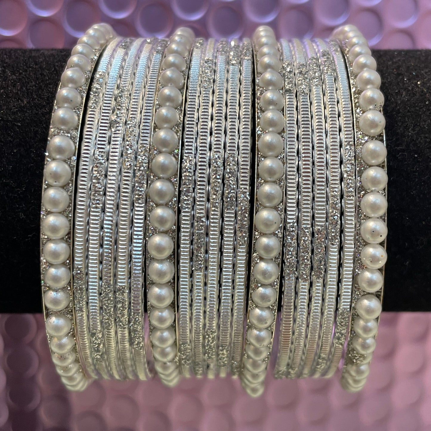 Silver Pearl Metal Bangles Sets- Various Colors