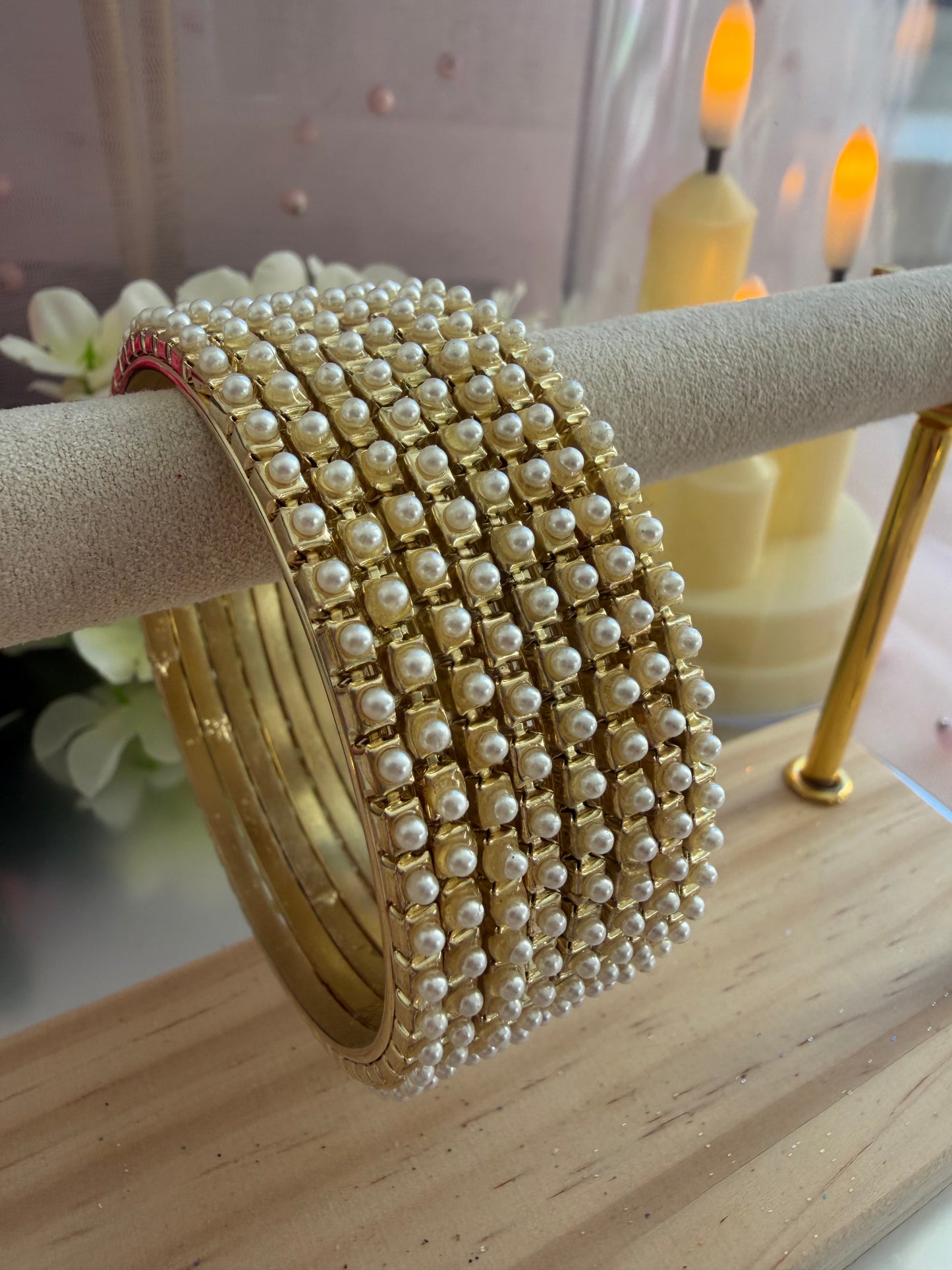 Gold Pearl Metal Bangles Set