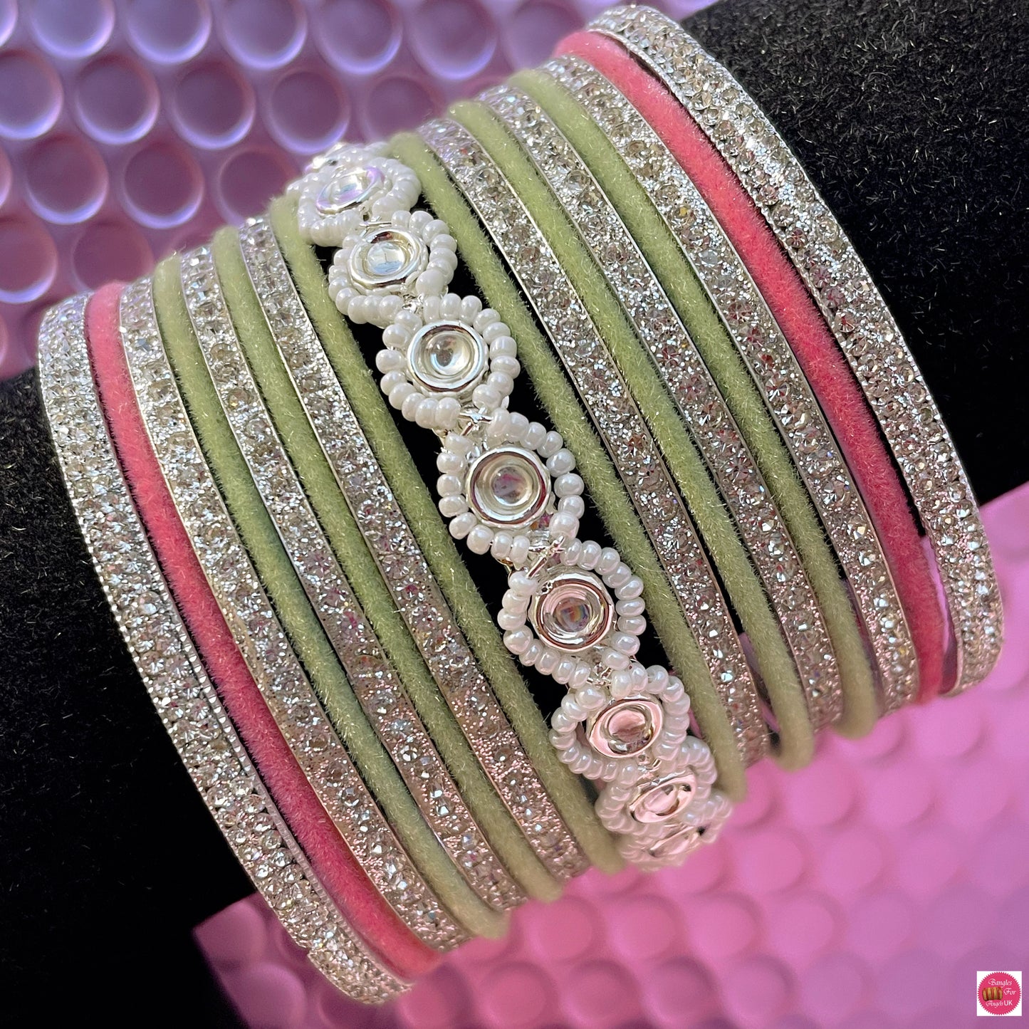 Silver Pearl Metal Bangles Set- Mint Green