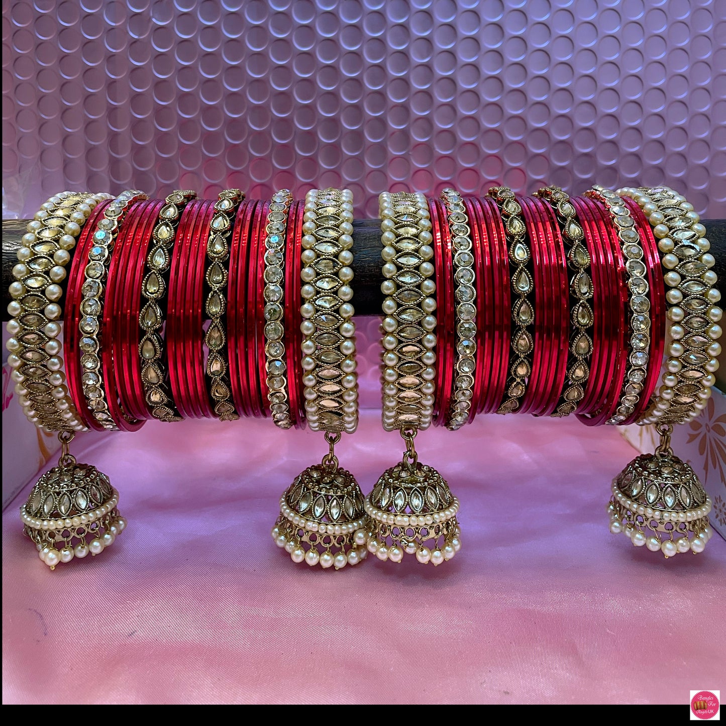 Kundan Pearl Gold Hanging Metal Bangles Set- Red