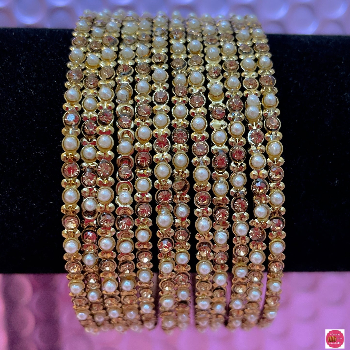 Pearl Stone Metal Bangles Set- Size 2.10