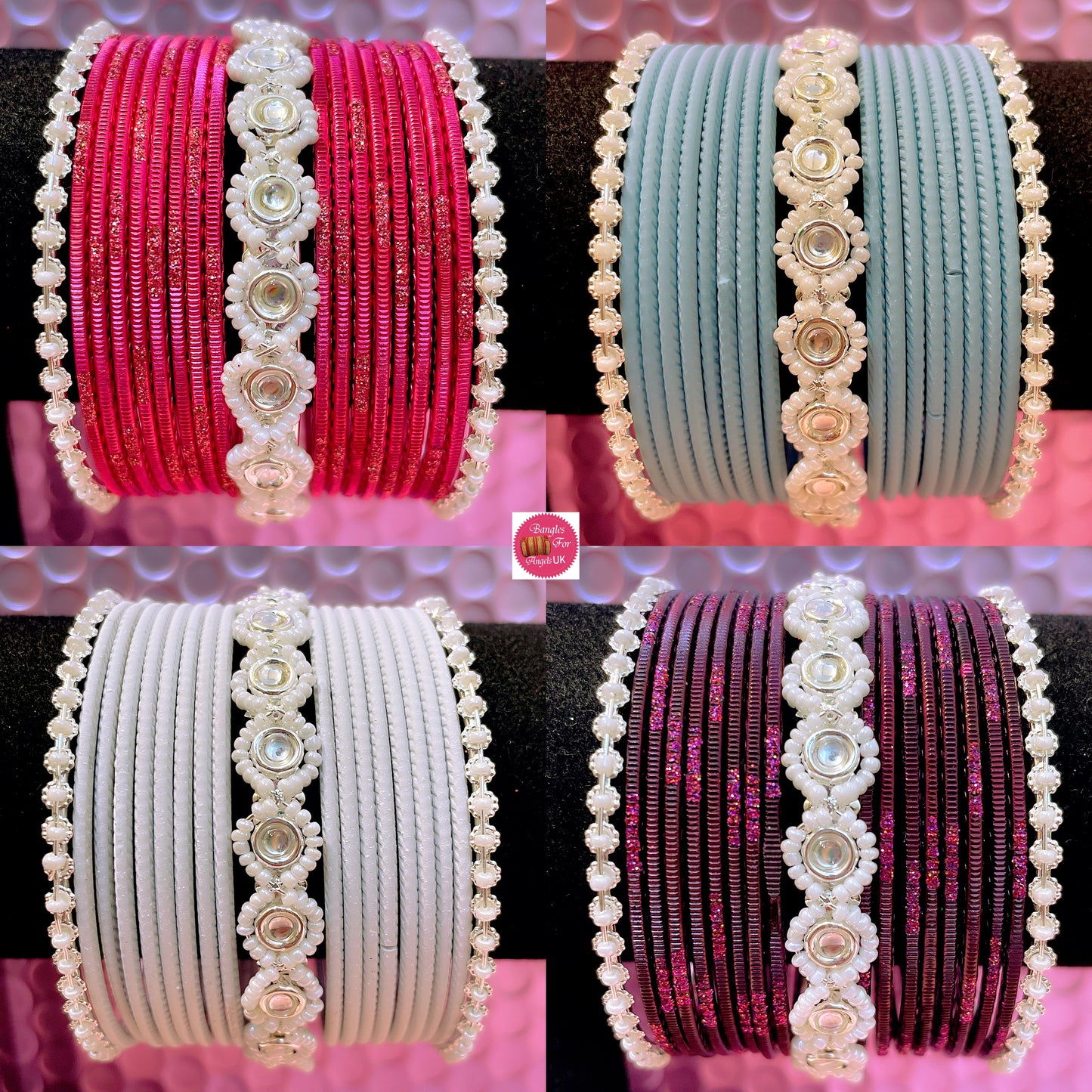 Silver Pearl Metal Bangles Sets- Various Colours