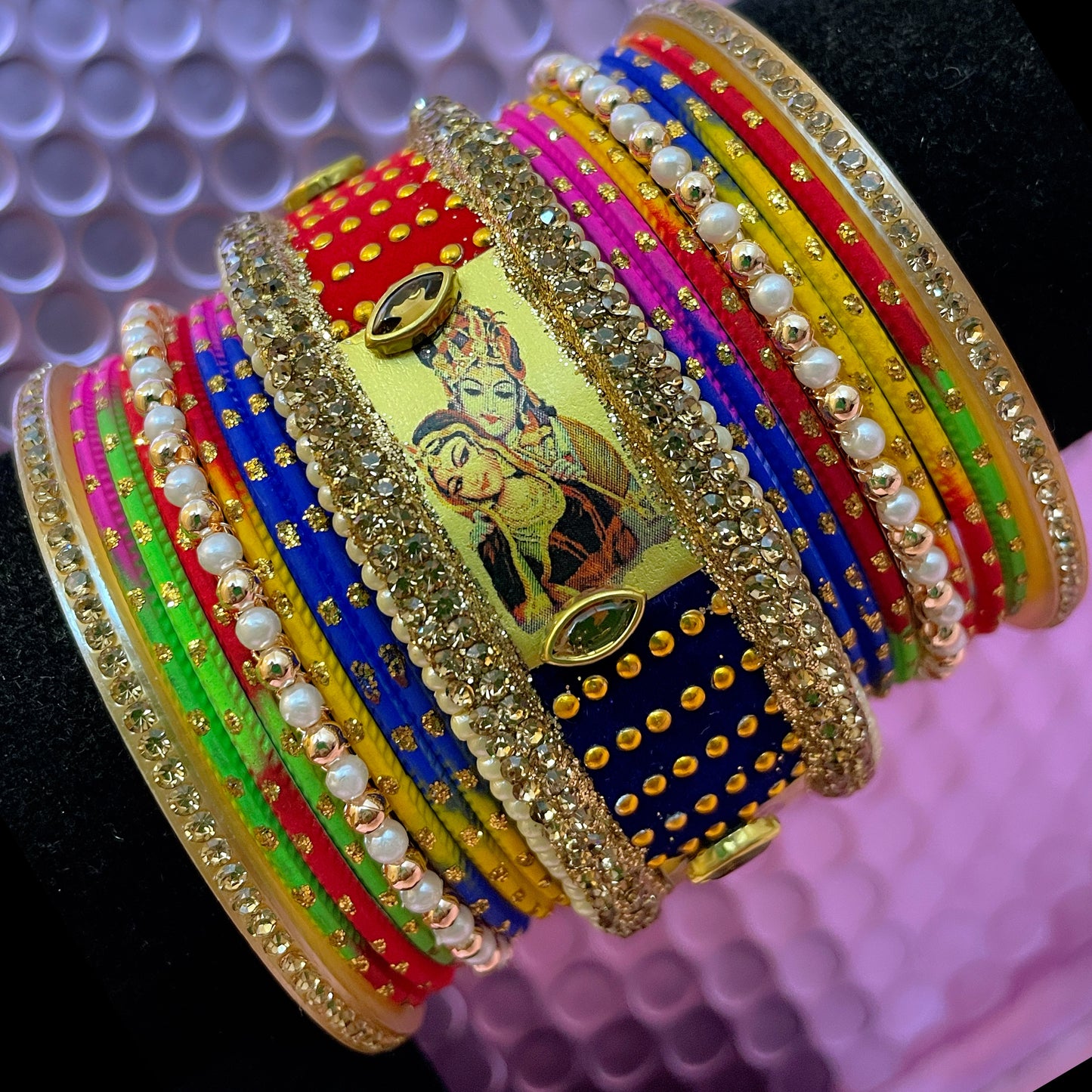 Radha Krishna Glass Pearl Metal Bangles Sets- Various Colours