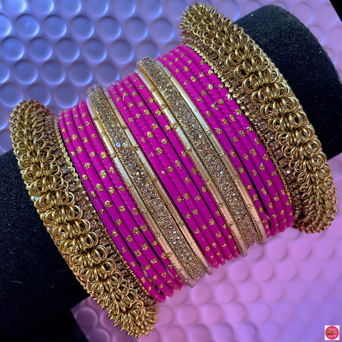 Gold Zirconia Metal Bangles Set- Hot Pink