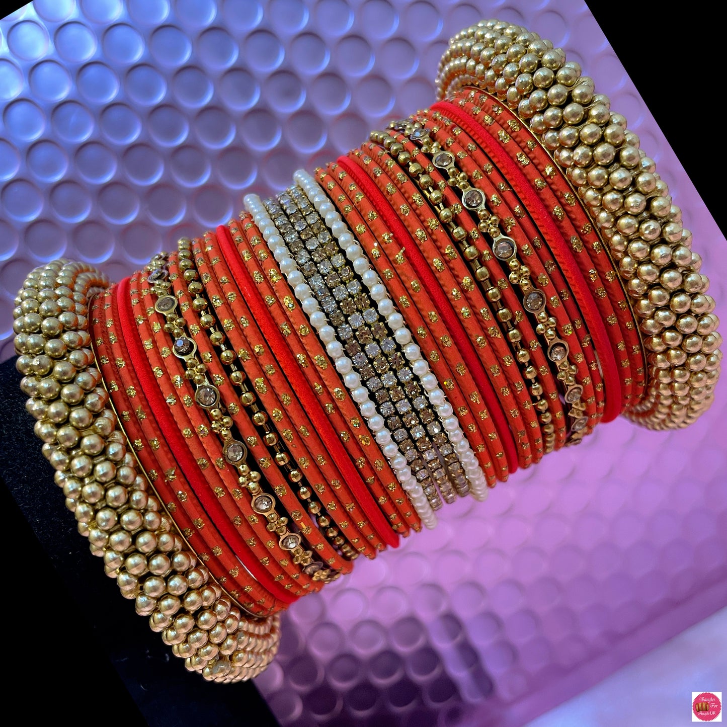 Gold Pearl Zirconia Metal Bangles Set- Orange