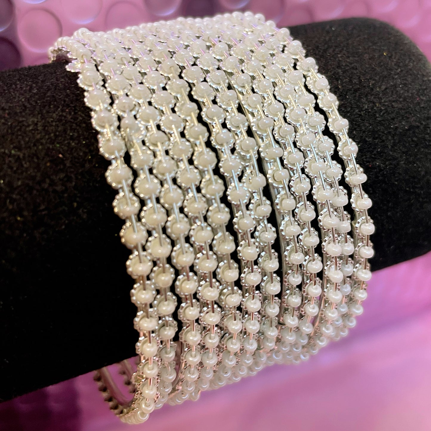 Silver Pearl Metal Bangles Set- Size 2.2