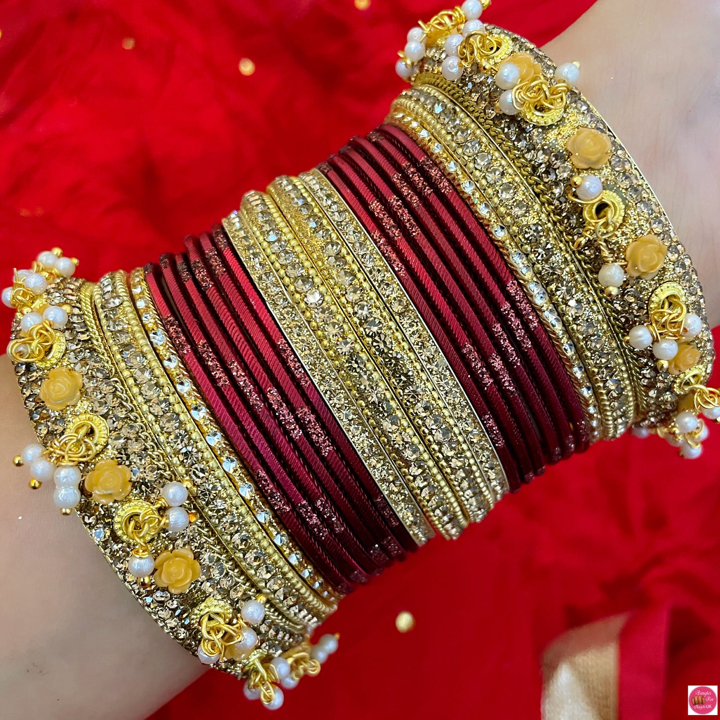 Gold Pearl Metal Bangles Sets- Various Colours