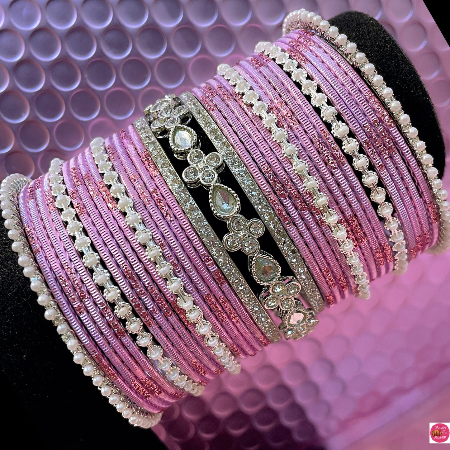 Silver Kundan Pearl Metal Bangles Set- Lilac Pink
