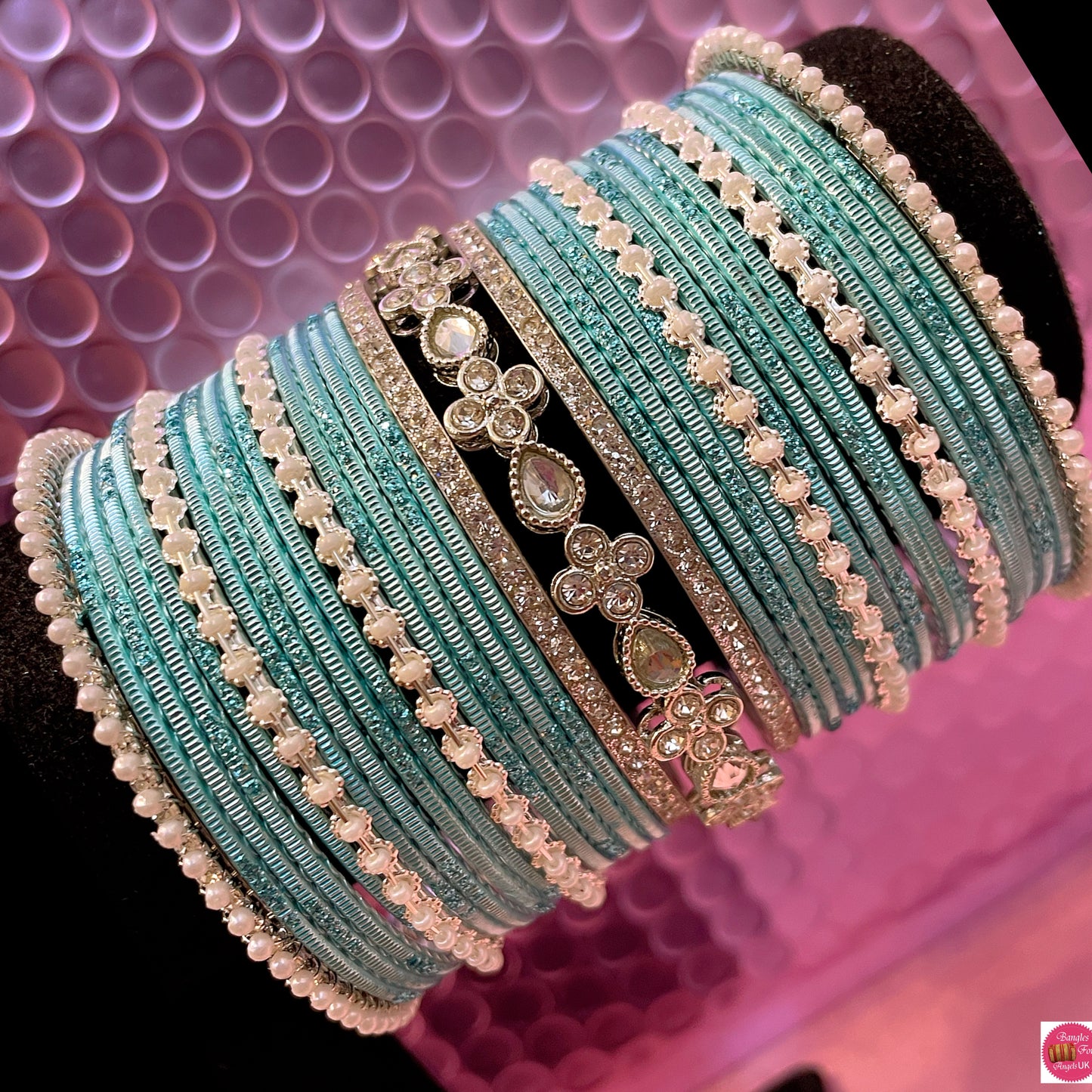 Silver Kundan Pearl Metal Bangles Set- Ice Blue