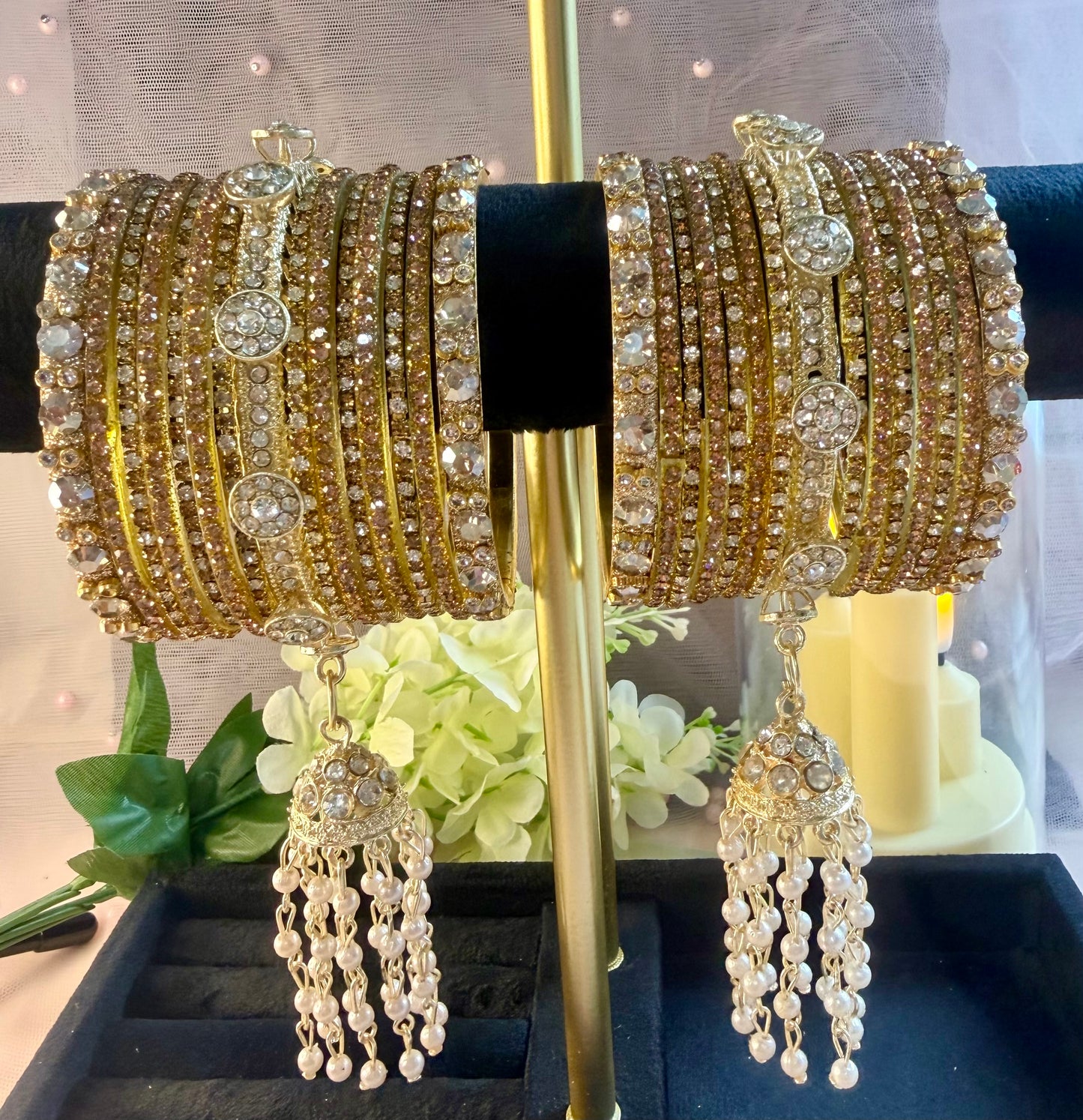 Gold Zirconia Glass Hanging Bangles Set