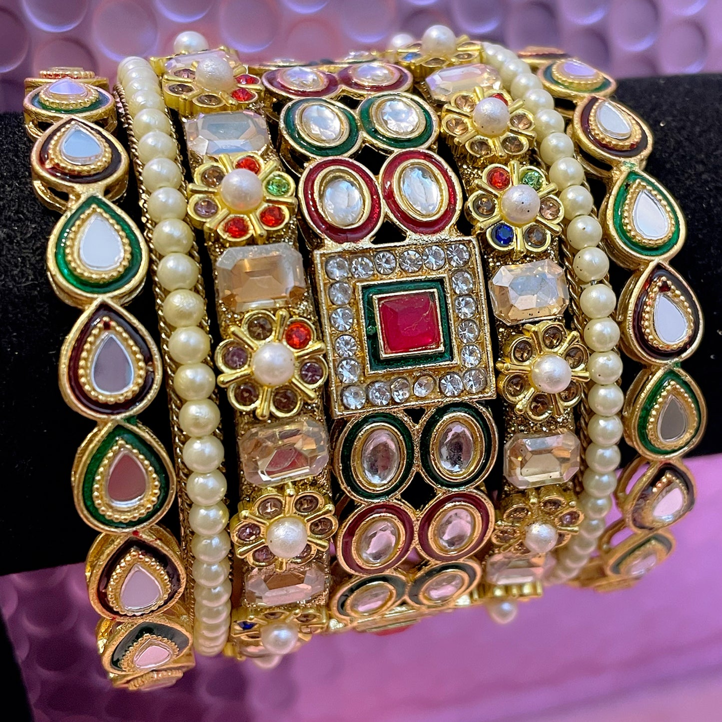 Kundan Pearl Metal Bangles Set
