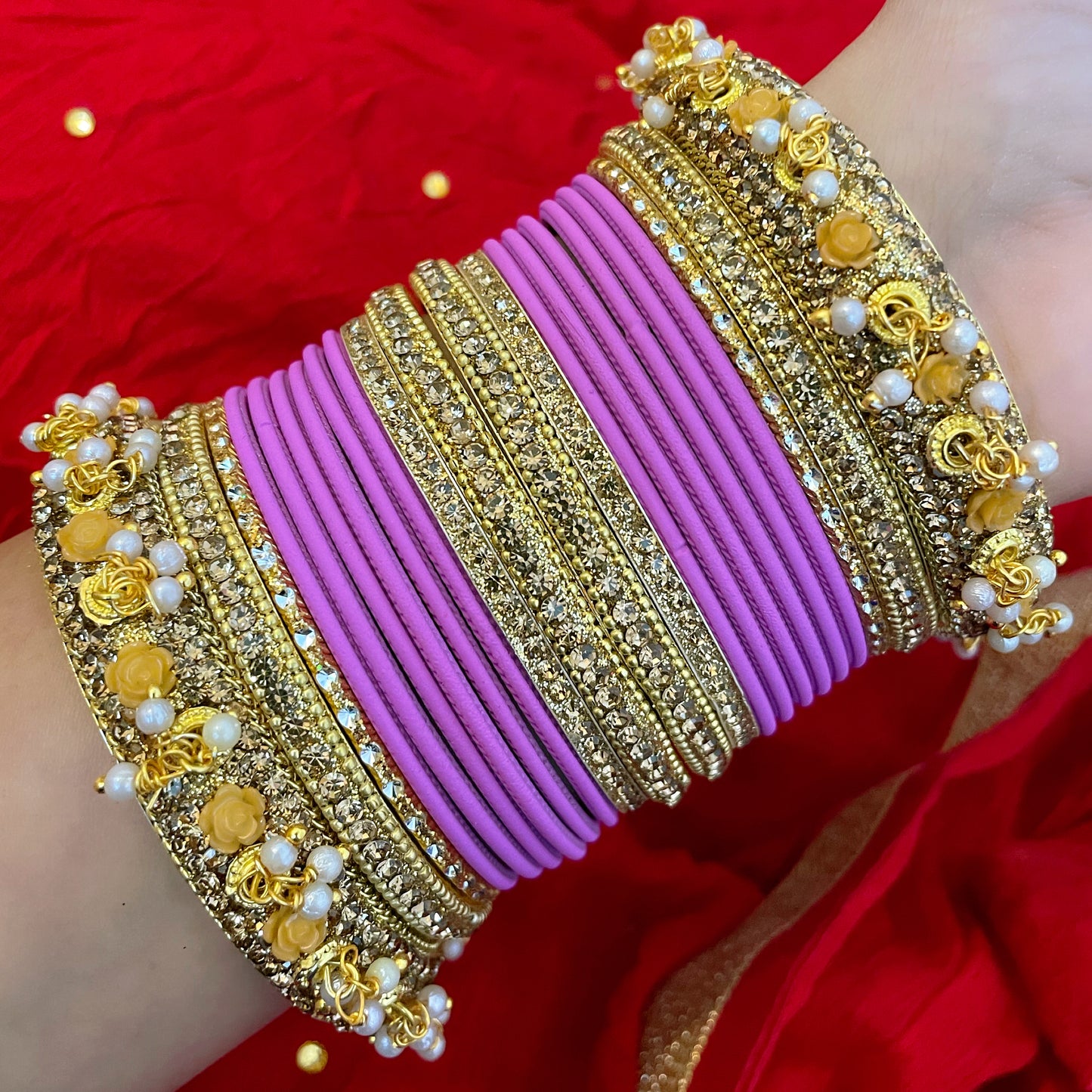 Gold Pearl Metal Bangles Sets- Various Colours