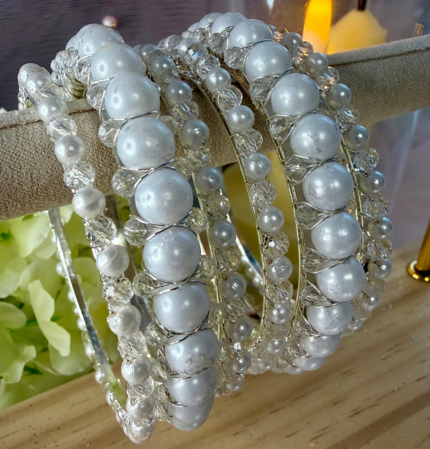 Silver White Pearl Metal Bangles Set