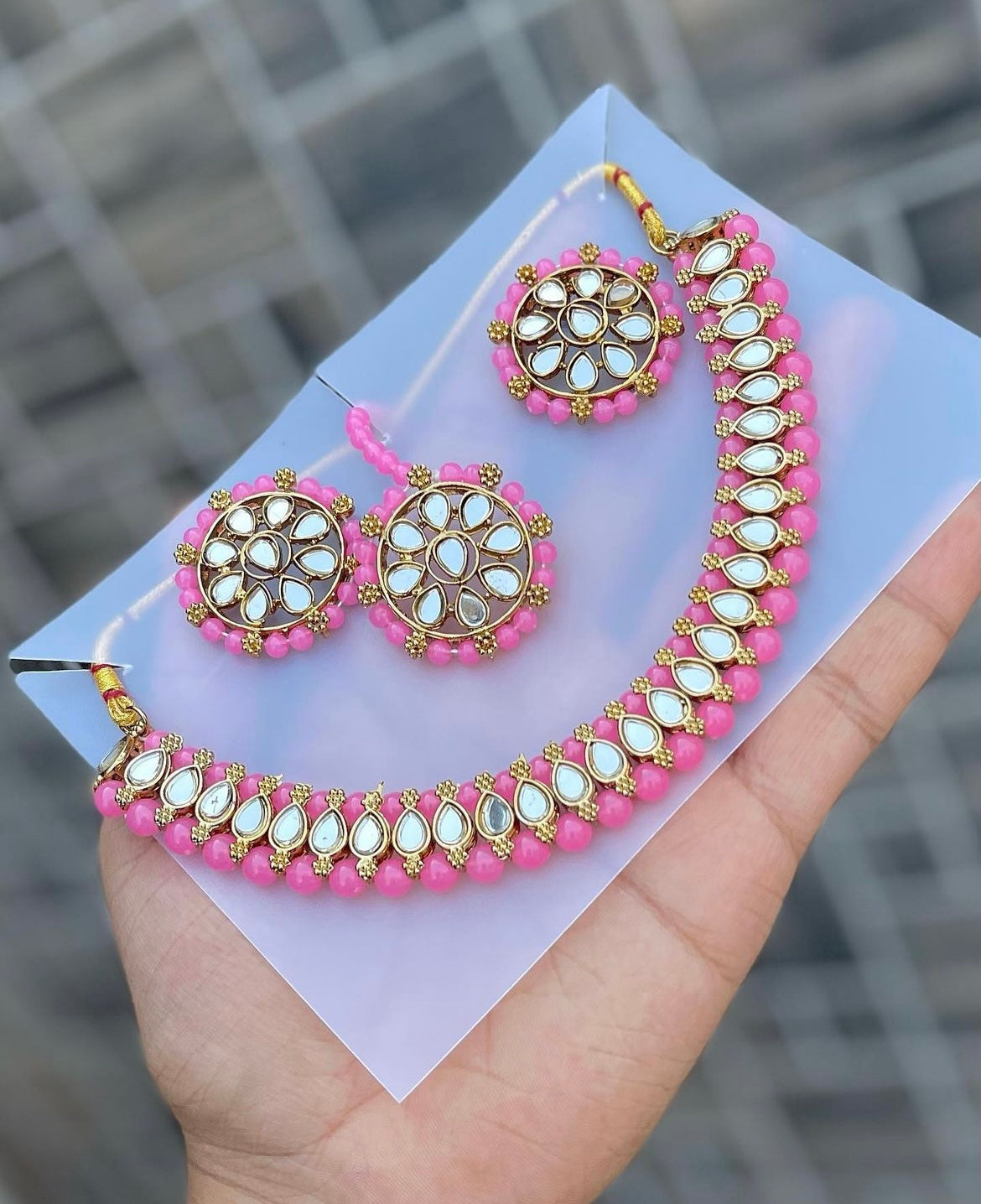 Assorted Mirror Pearl Choker, Earings & Maang Tikka Sets Combo of 6 sets