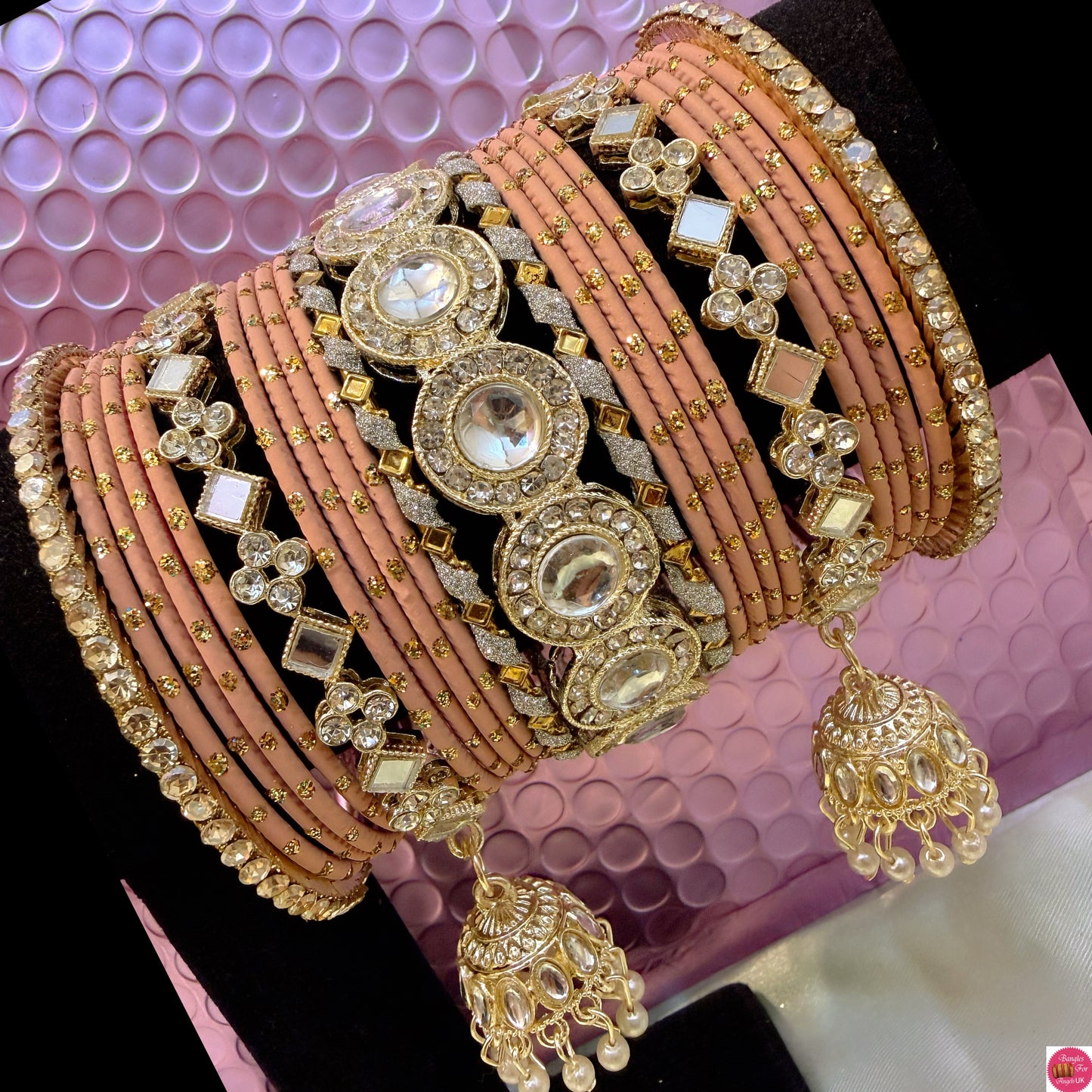 Kundan Mirror Gold Hanging Metal Bangles Set- Peach
