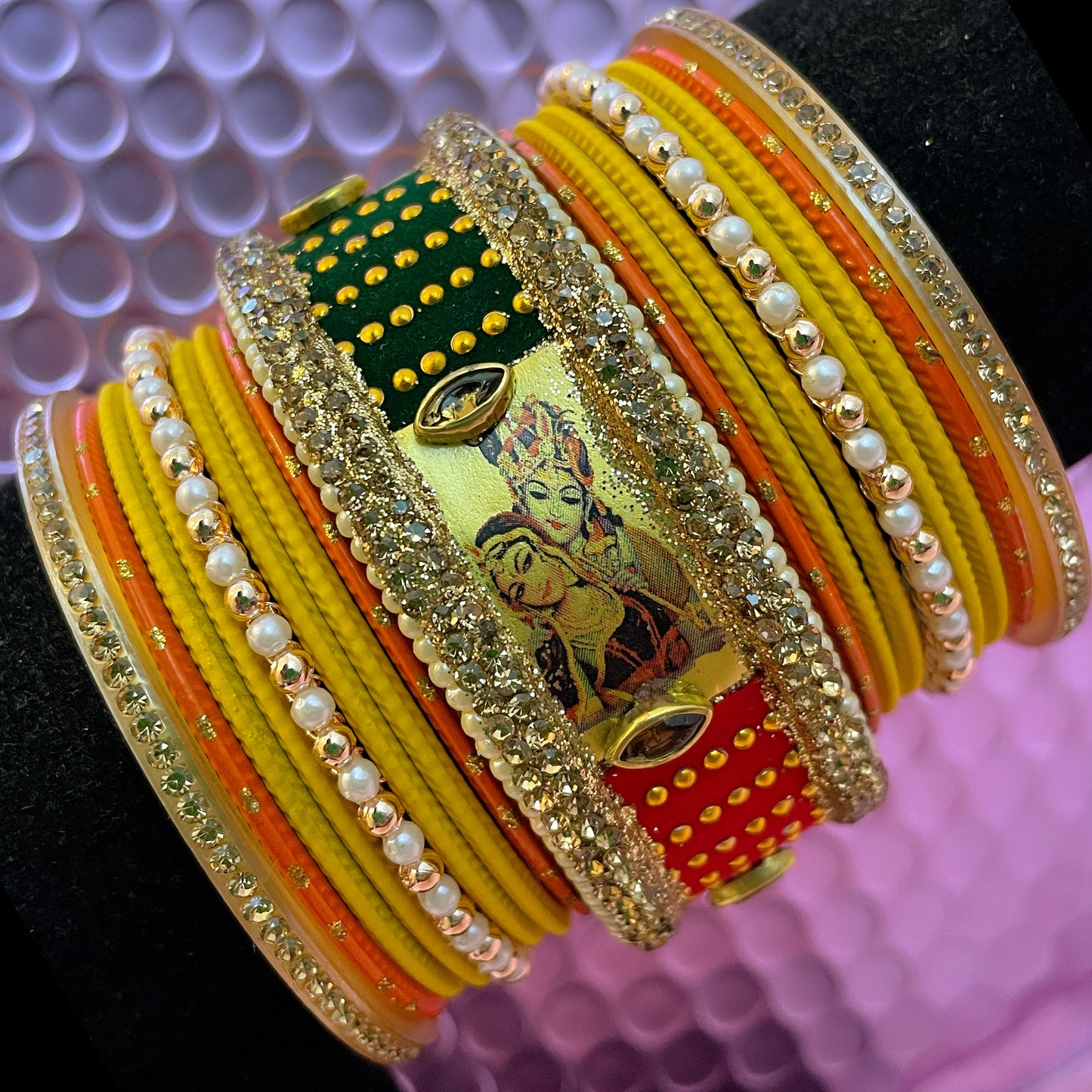 Radha Krishna Glass Pearl Metal Bangles Sets- Various Colours