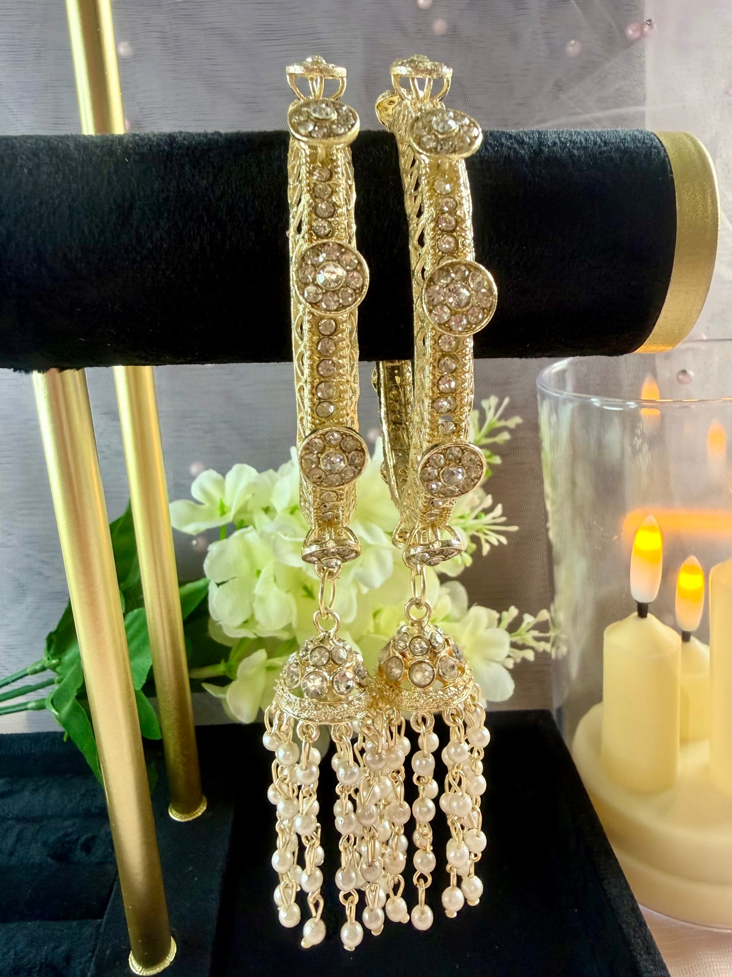 Kundan Gold Pearl Jhumka Metal Karas.