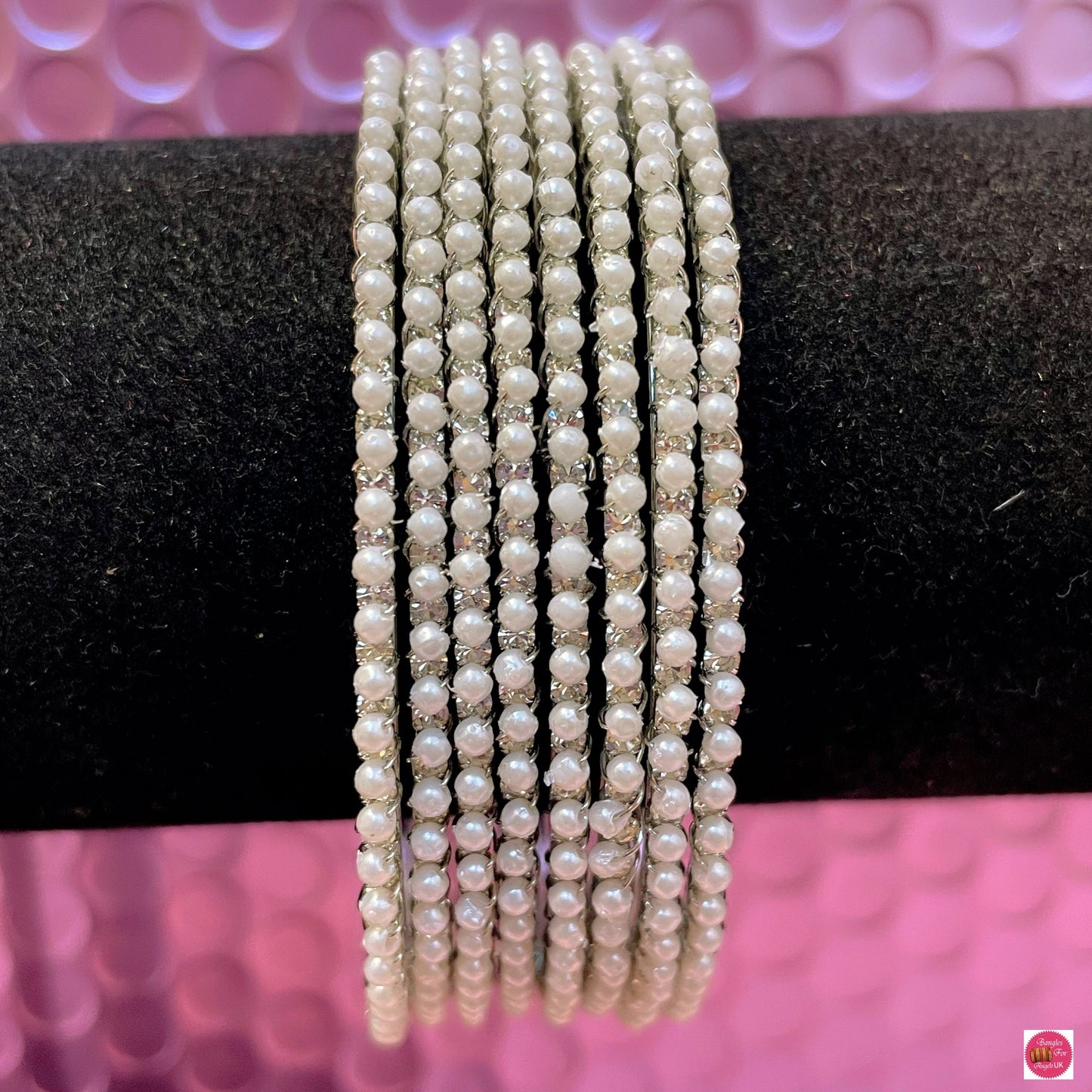 Silver & White Pearl Metal Bangles Set