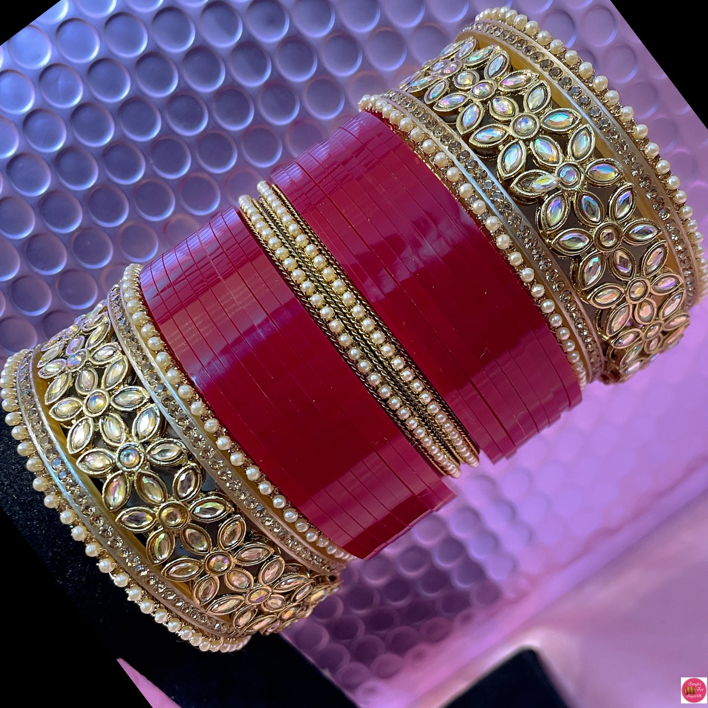 Kundan Pearl Bridal Chura Bangles Set- Deep Red