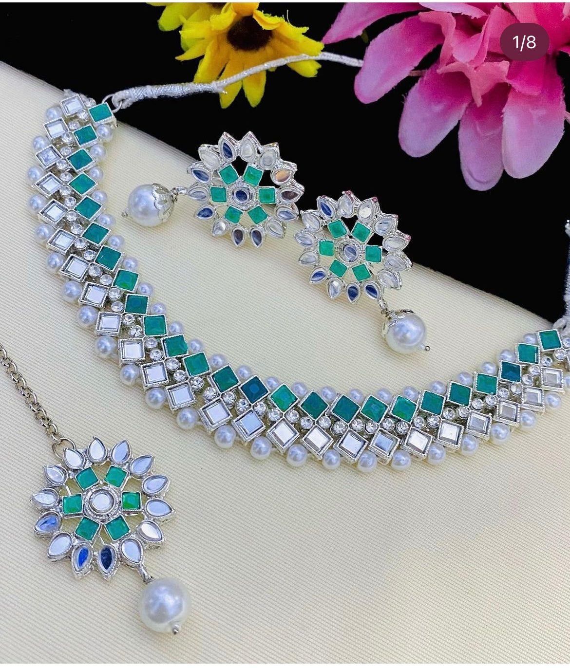 Assorted Mirror Pearl Choker, Earings & Maang Tikka Sets Combo of 6 sets