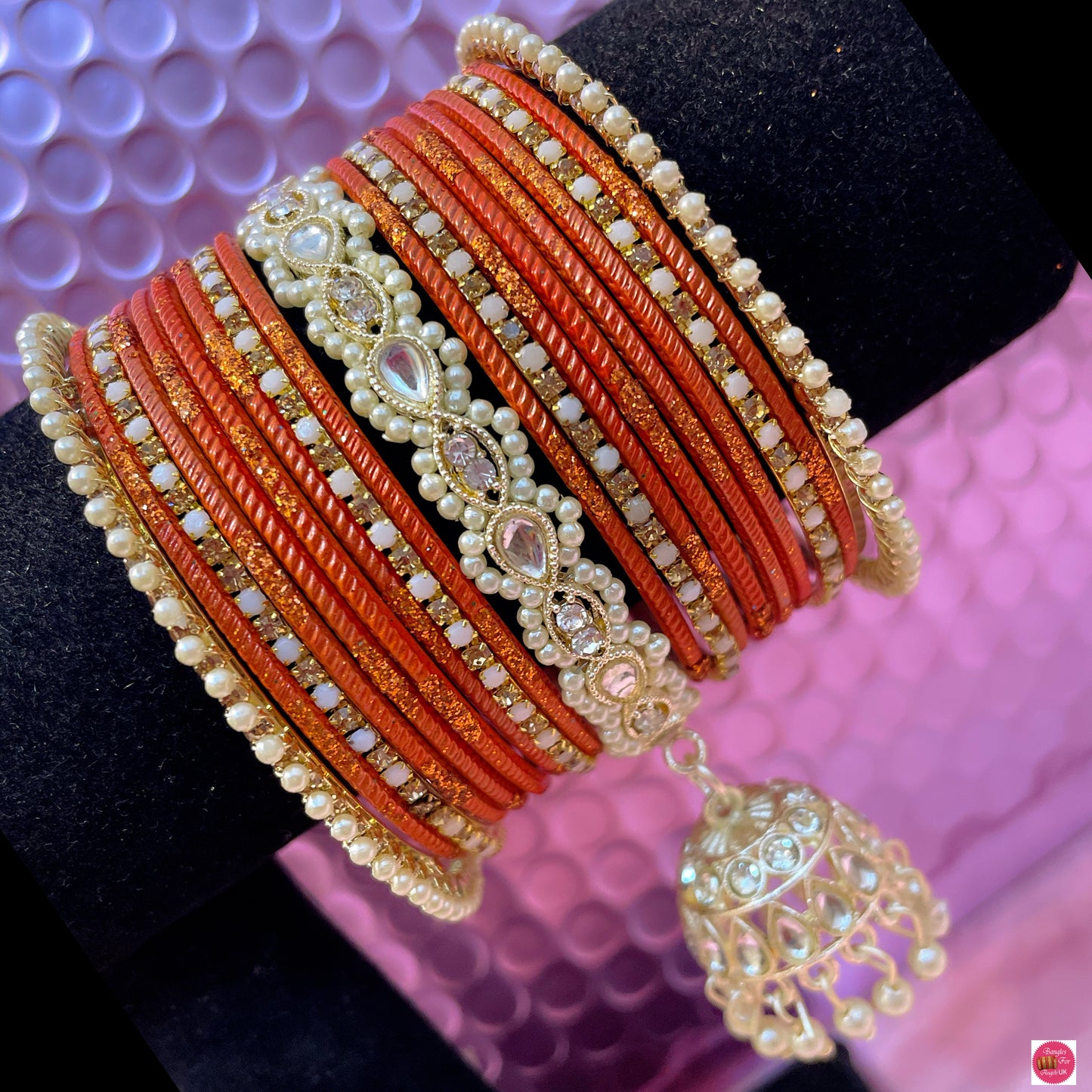 Kundan Pearl Hanging Metal Bangles Set- Orange