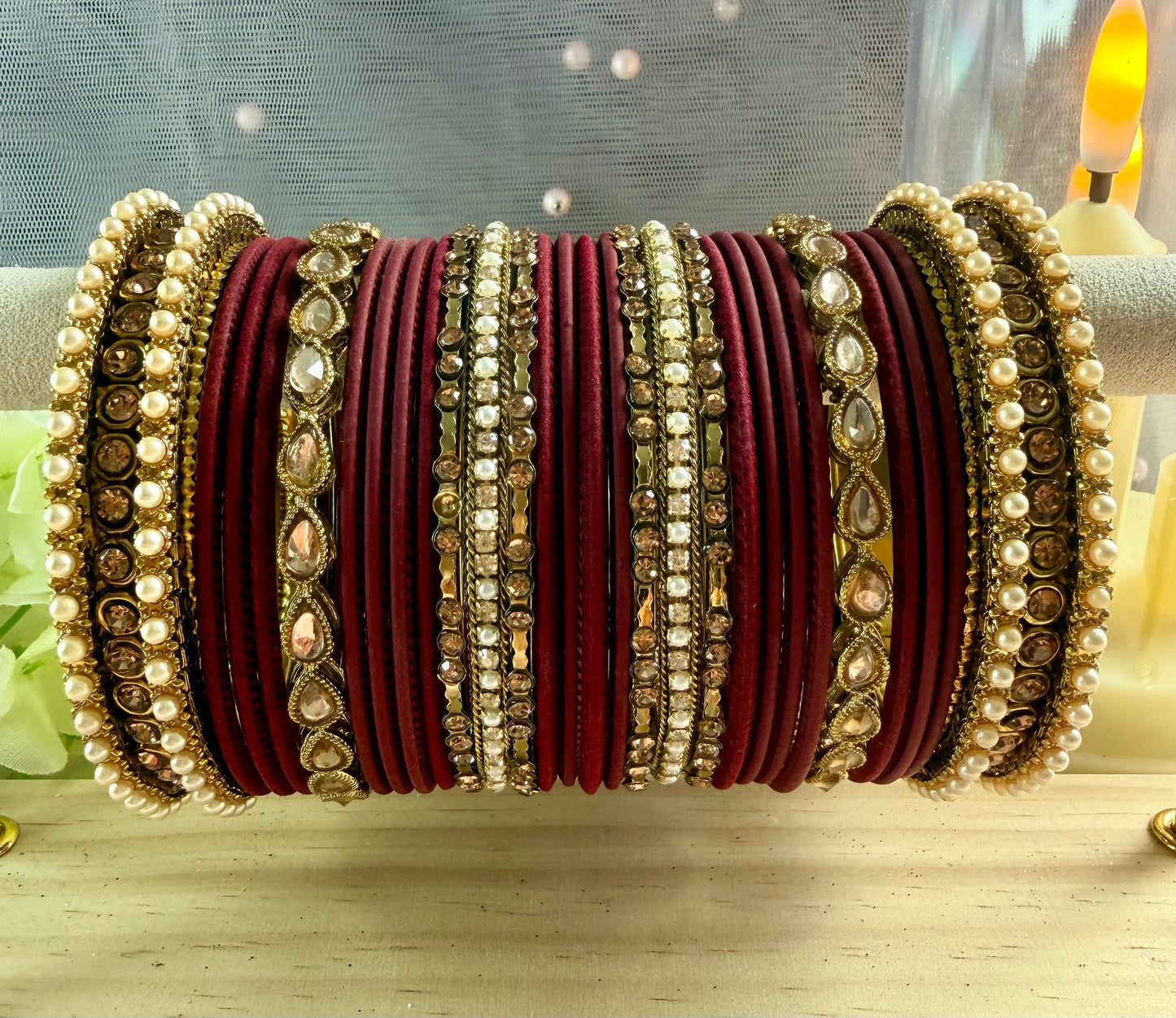 Kundan Gold Metal Bangles Set- Maroon