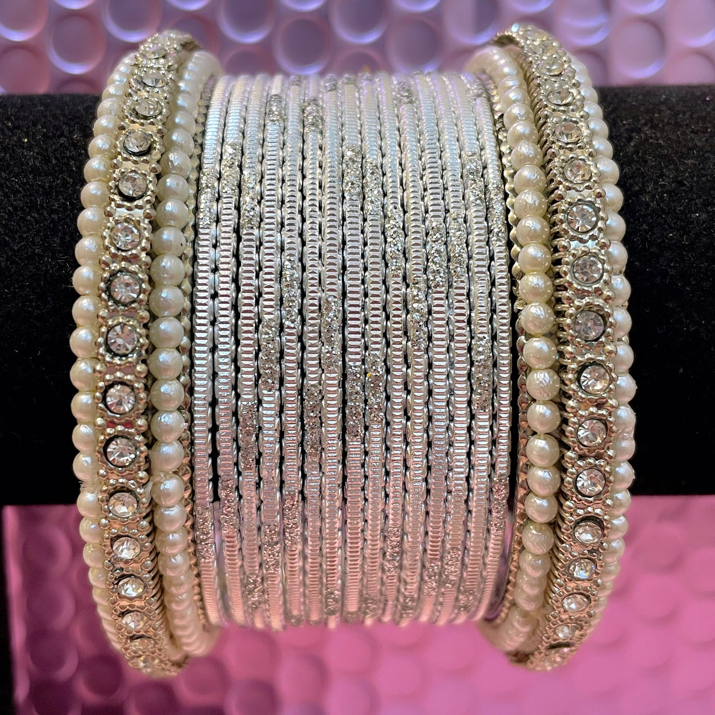 Silver Pearl Metal Bangles Sets Various Colours- Size 2.10