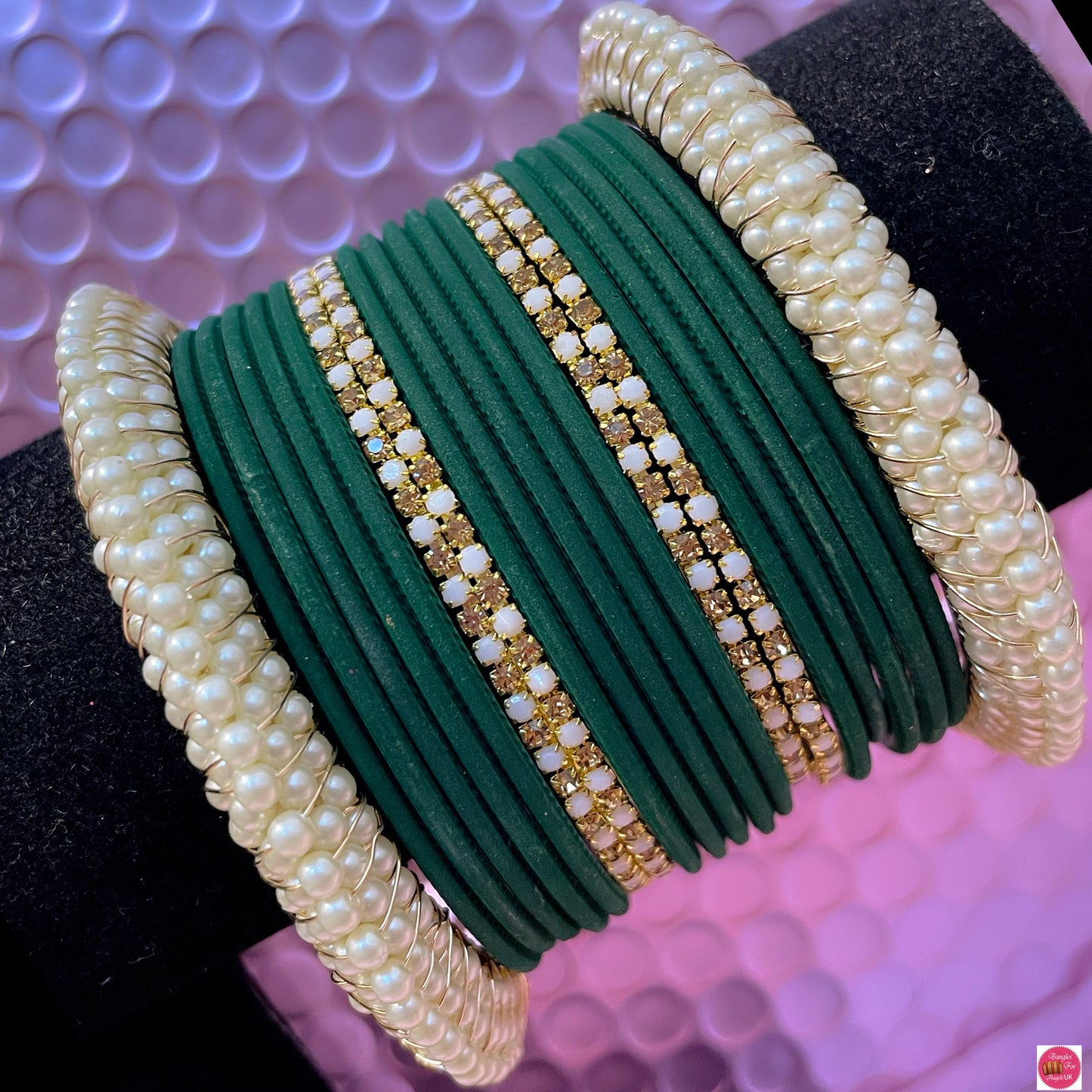 Pearl Zirconia Metal Bangles Set- Green