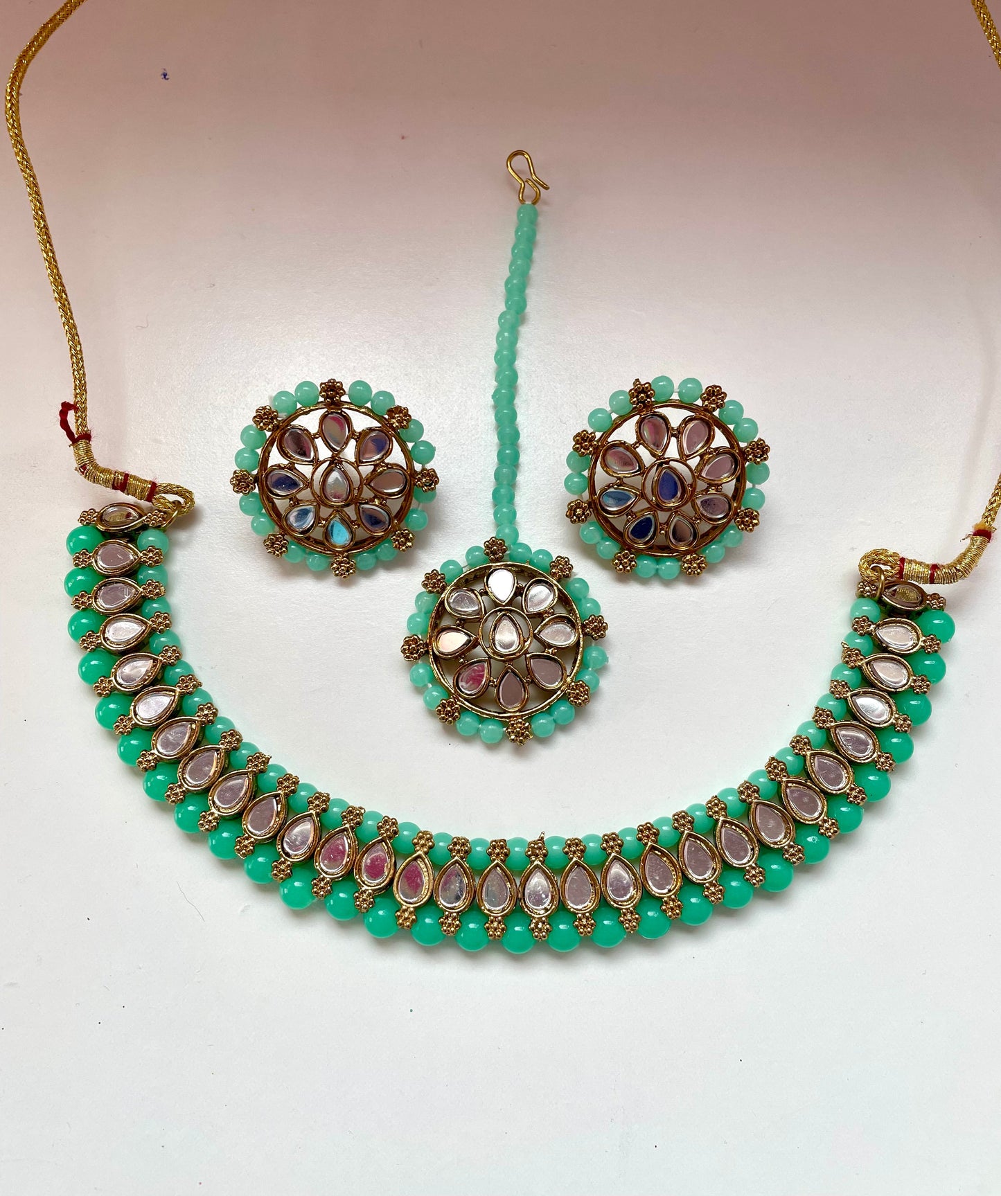 Assorted Mirror Pearl Choker, Earings & Maang Tikka Sets Combo of 6 sets