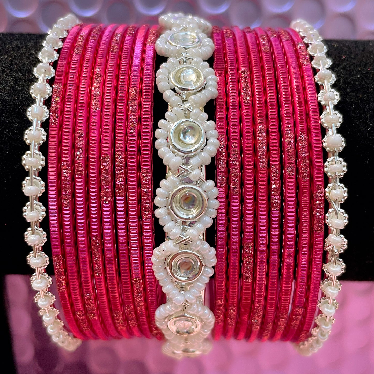 Silver Pearl Metal Bangles Sets- Various Colours