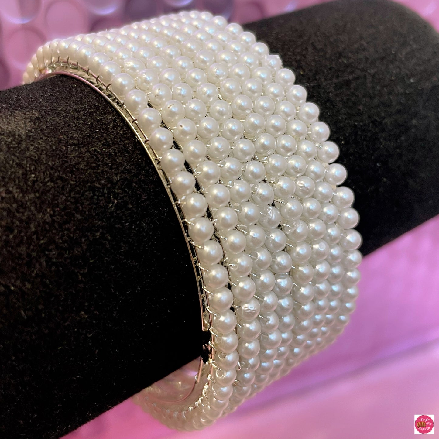 Silver & White Pearl Metal Bangles Set- Size 2.2