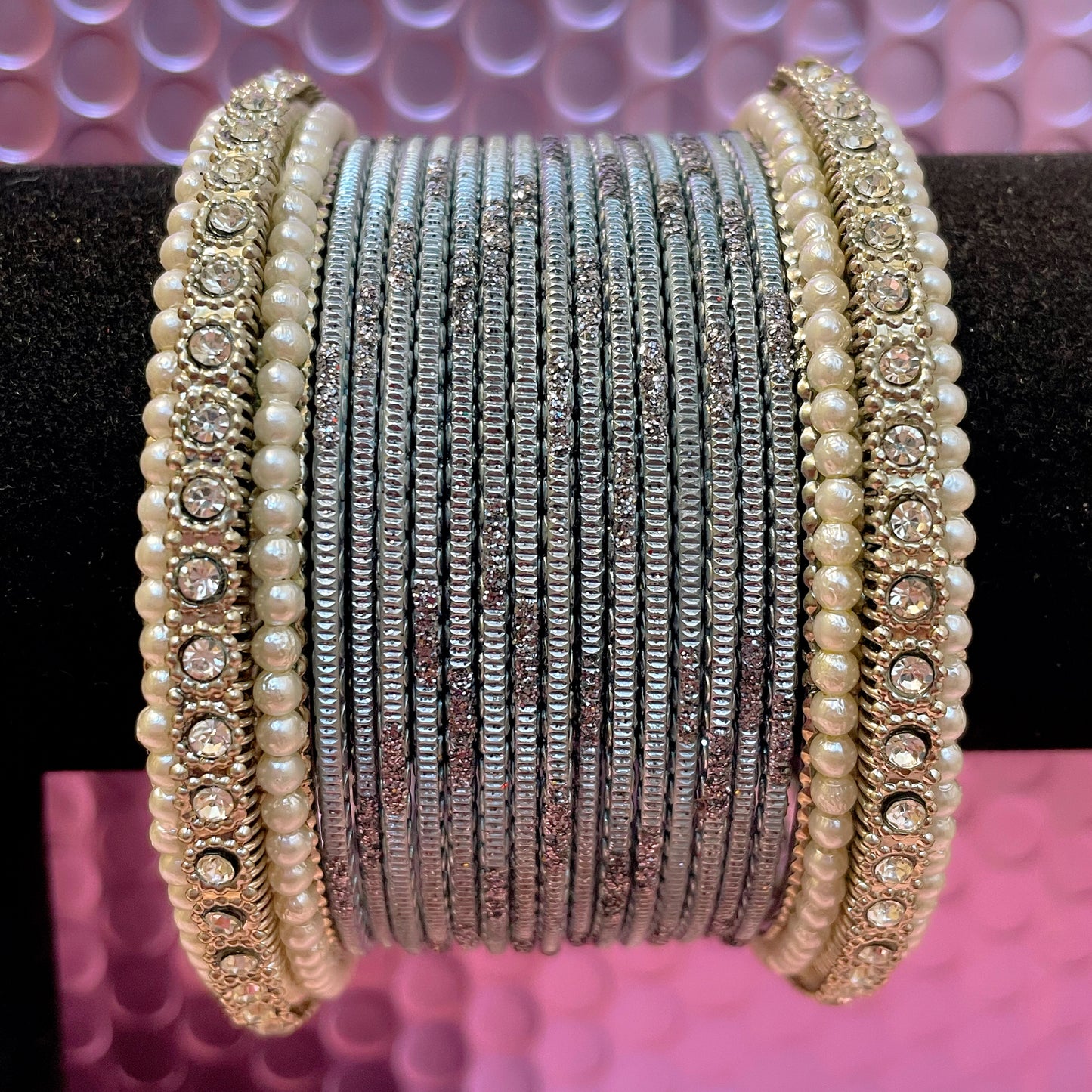 Silver Pearl Metal Bangles Sets Various Colours- Size 2.10