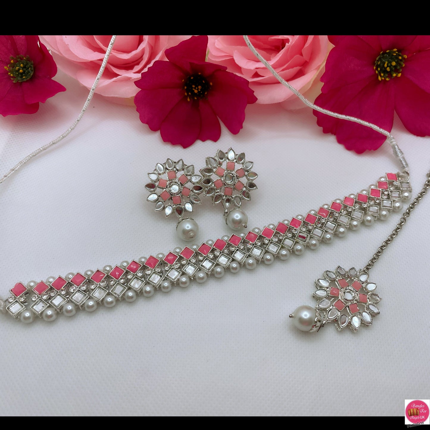 Assorted Mirror Pearl Choker, Earings & Maang Tikka Sets Combo of 6 sets