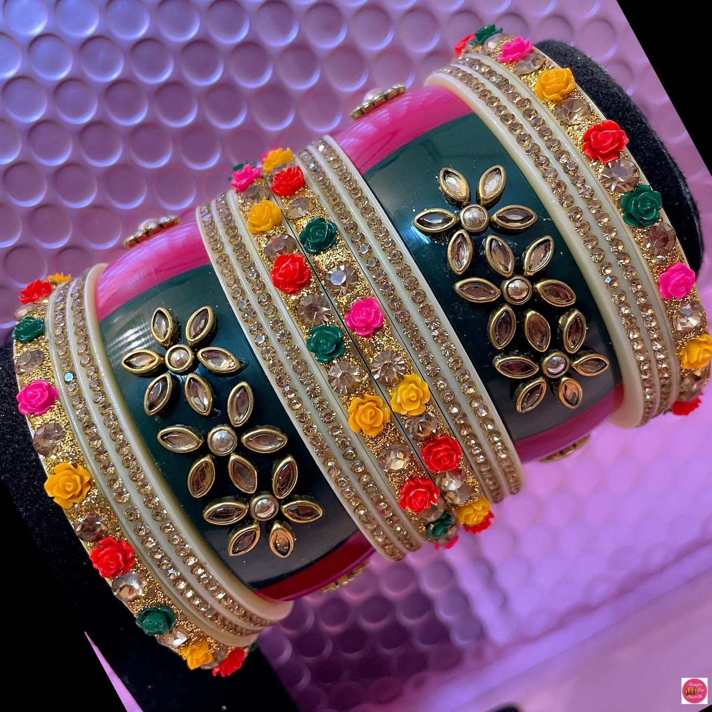 Multicoloured Kundan Flower Chura/Bangle Set- Size 2.4/2.6