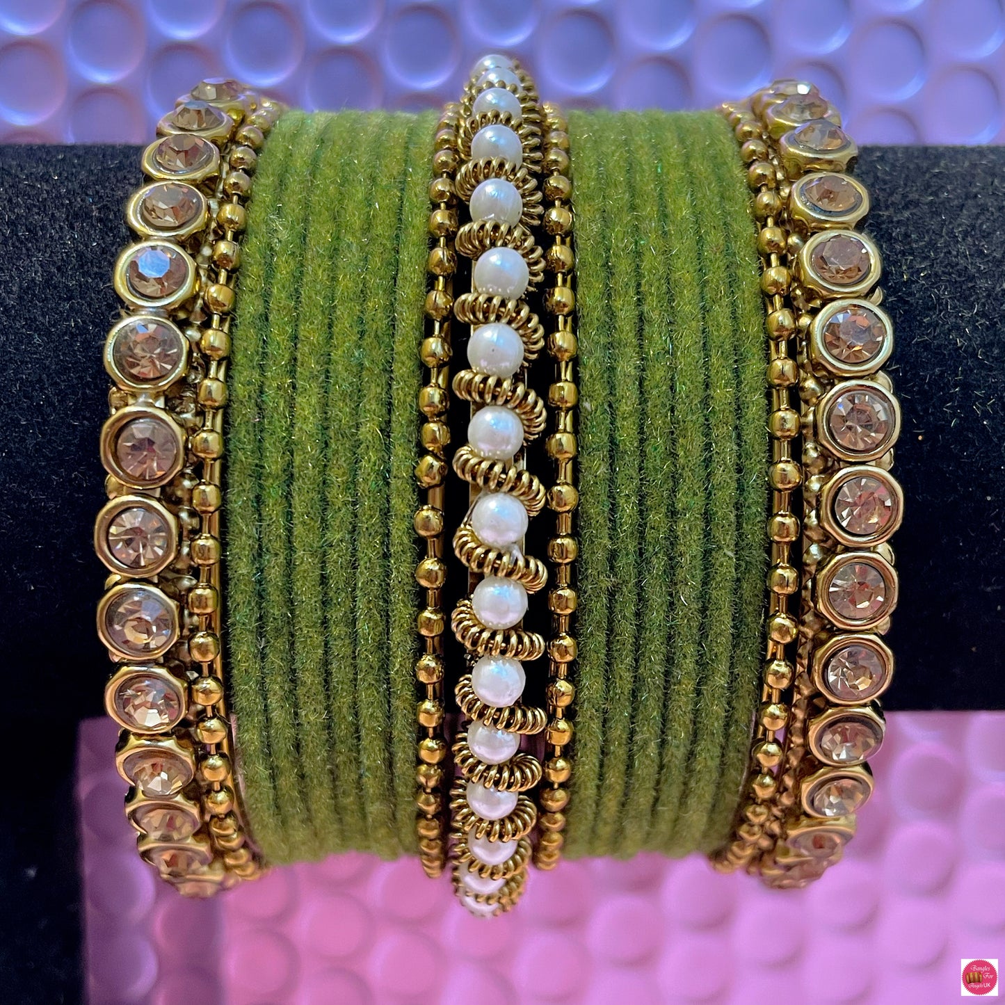 Gold Pearl Metal Bangles Set- Mehendi Green