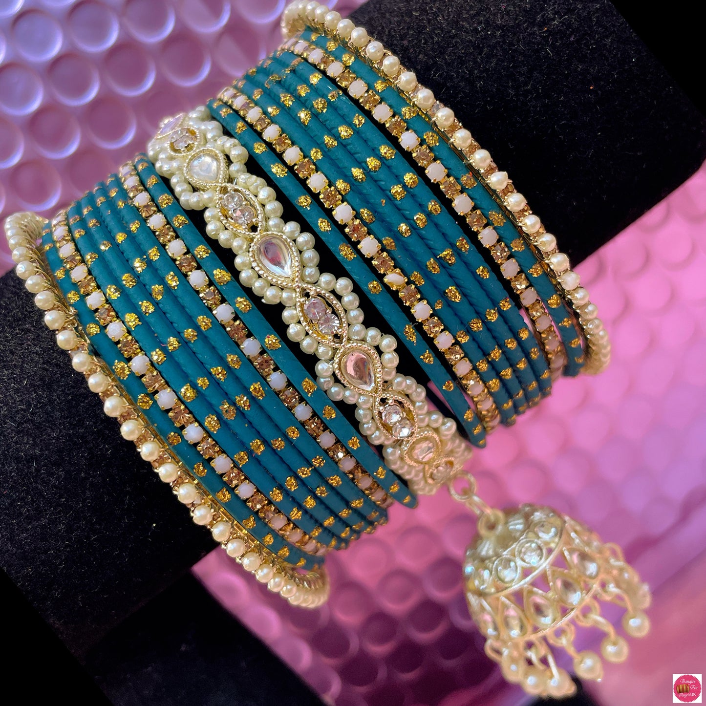 Kundan Pearl Hanging Metal Bangles Set- Teal