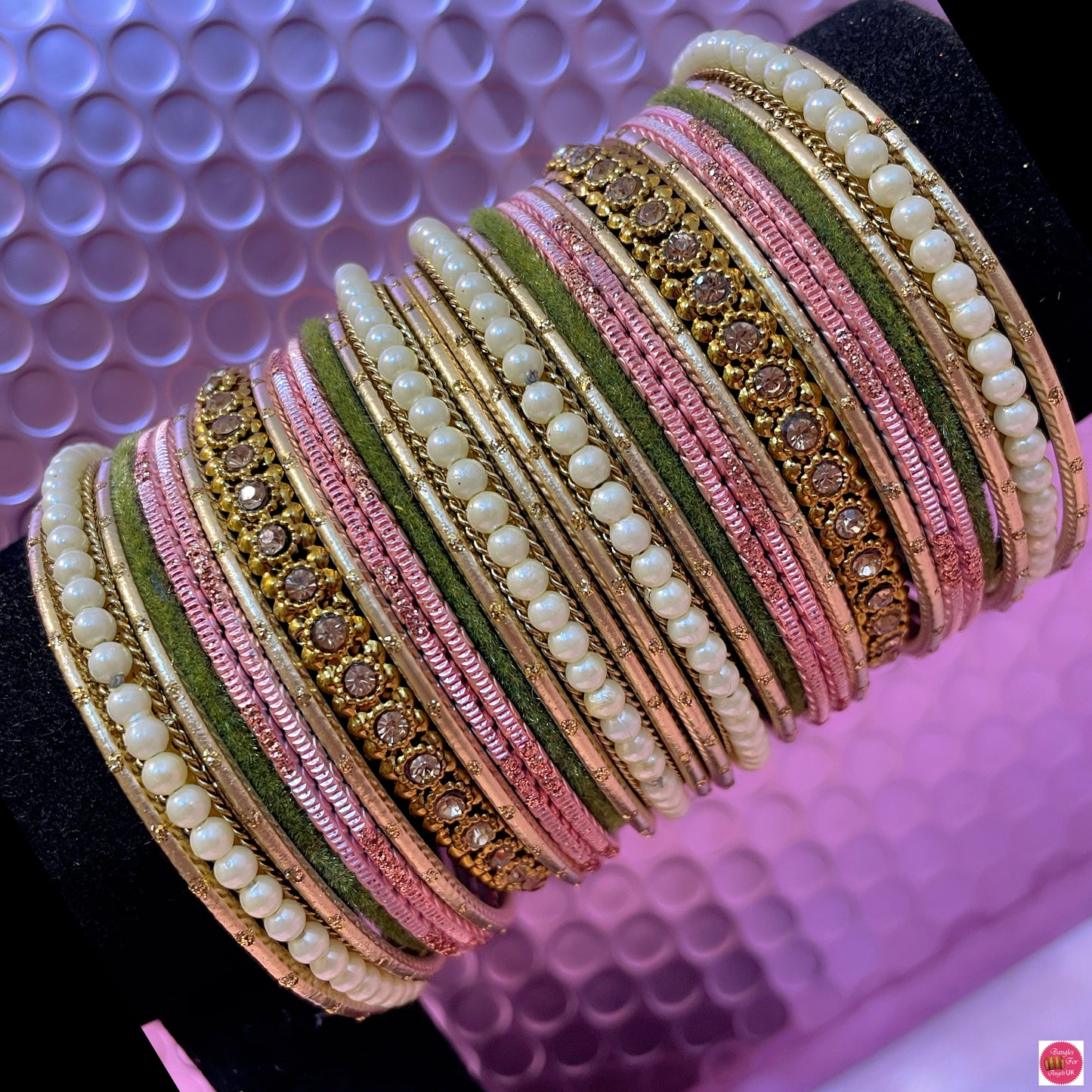 Pearl Metal Bangles Set- Peach/Green