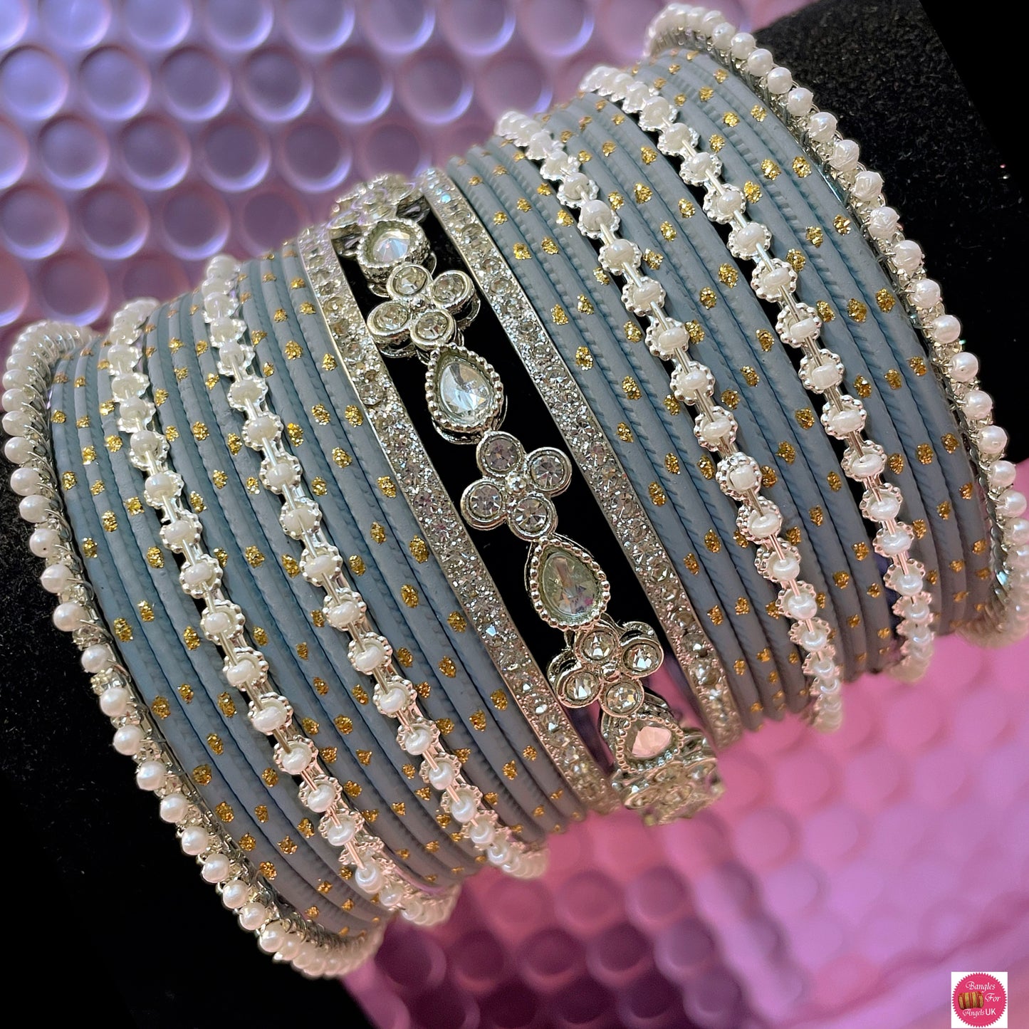 Silver Kundan Pearl Metal Bangles Set- Grey