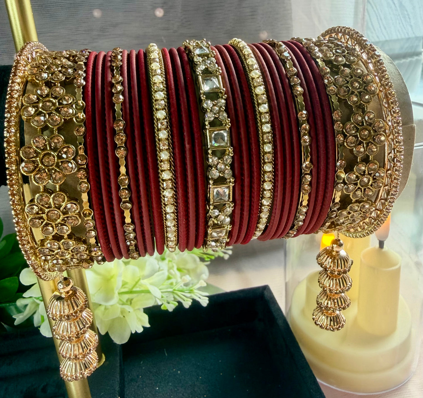 Kundan Gold Hanging Zirconia Metal Bangles Set- Maroon