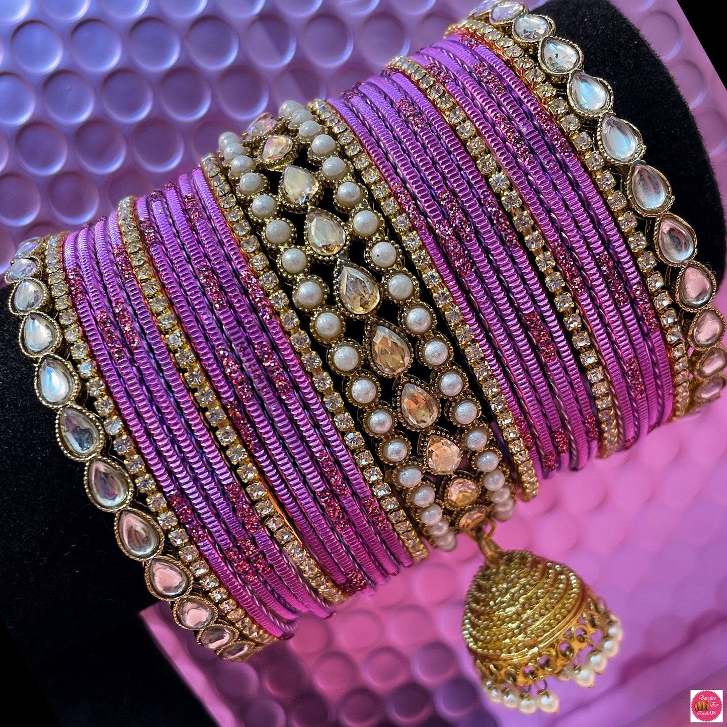 Kundan Polki Zirconia Hanging Metal Bangles Set- Deep Magenta
