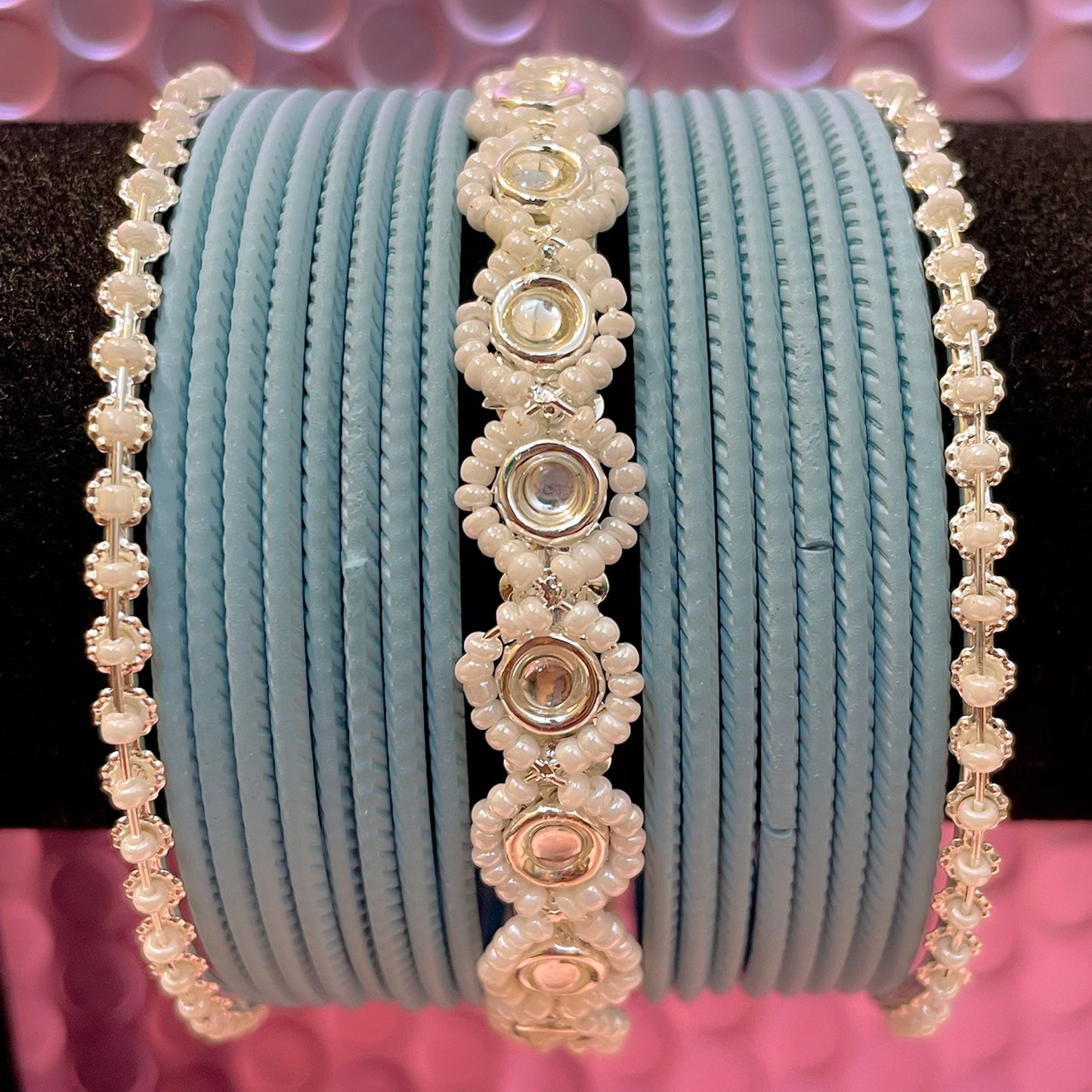Silver Pearl Metal Bangles Sets- Various Colours