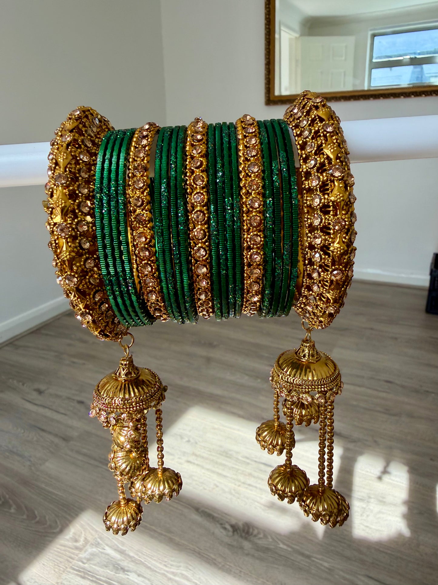 Gold Hanging Metal Bangles Set- Green